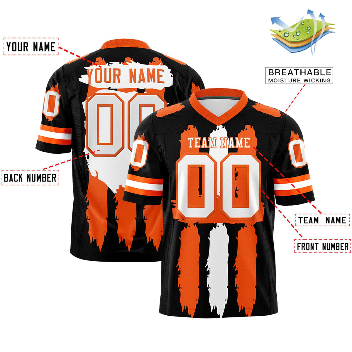 Custom Flag Football Jersey | Black Orange and White Graffiti Pattern Practice 7on7 Uniforms | Add name, number &amp; logo| KXKSHOP