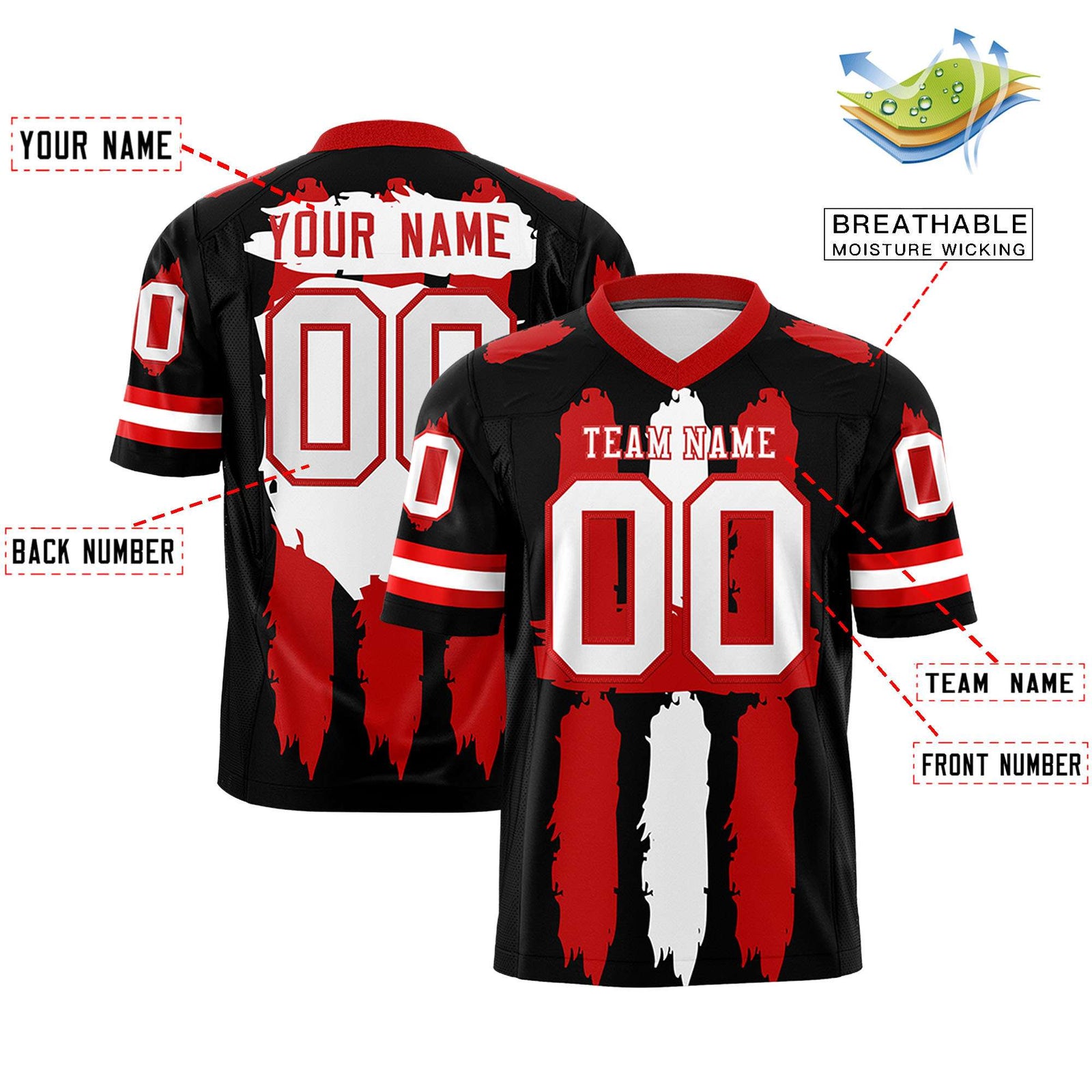 Custom Flag Football Jersey | Black Red and White Graffiti Pattern Practice 7on7 Uniforms | Add name, number & logo| KXKSHOP