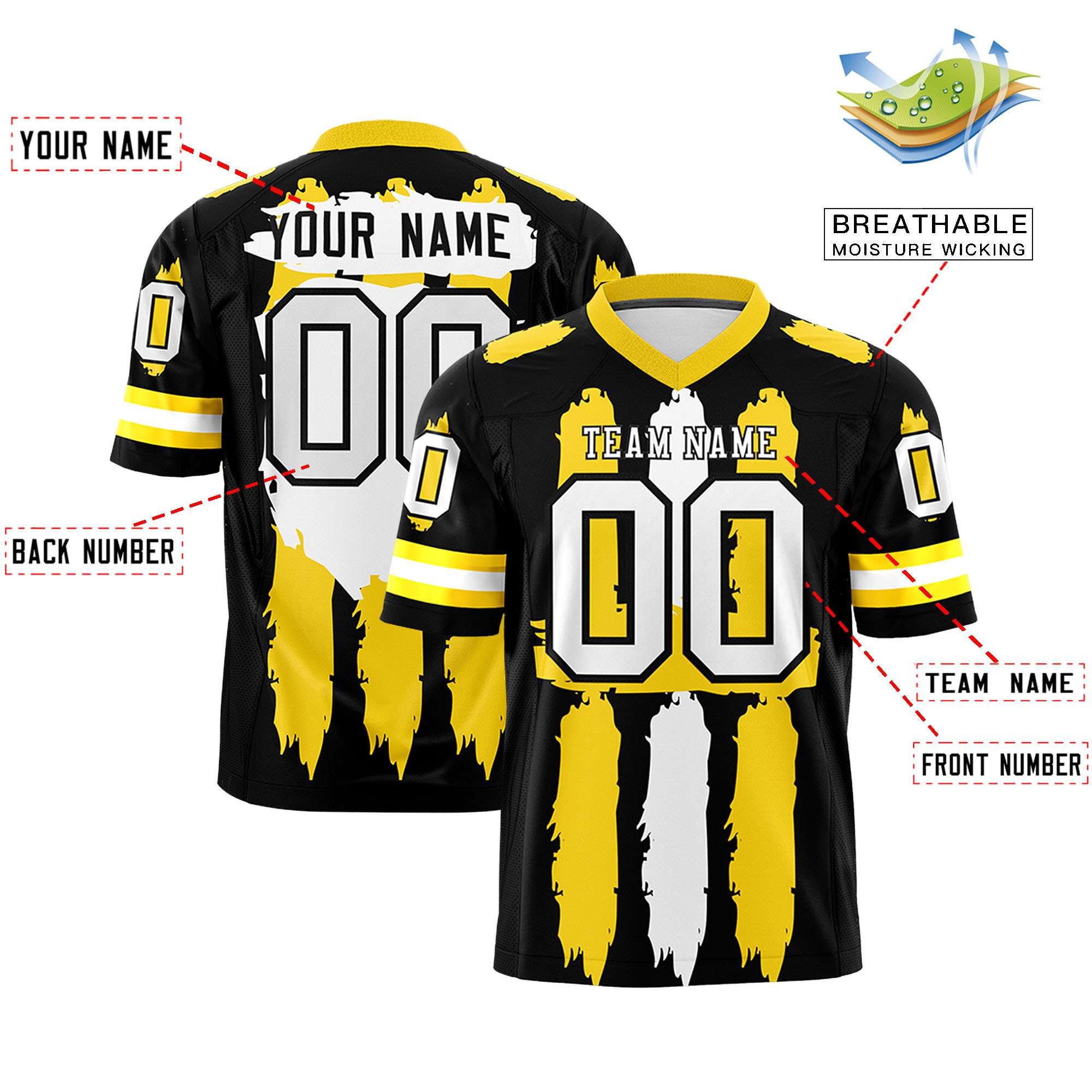 Custom Flag Football Jersey | Black Gold and White Graffiti Pattern Practice 7on7 Uniforms | Add name, number & logo| KXKSHOP
