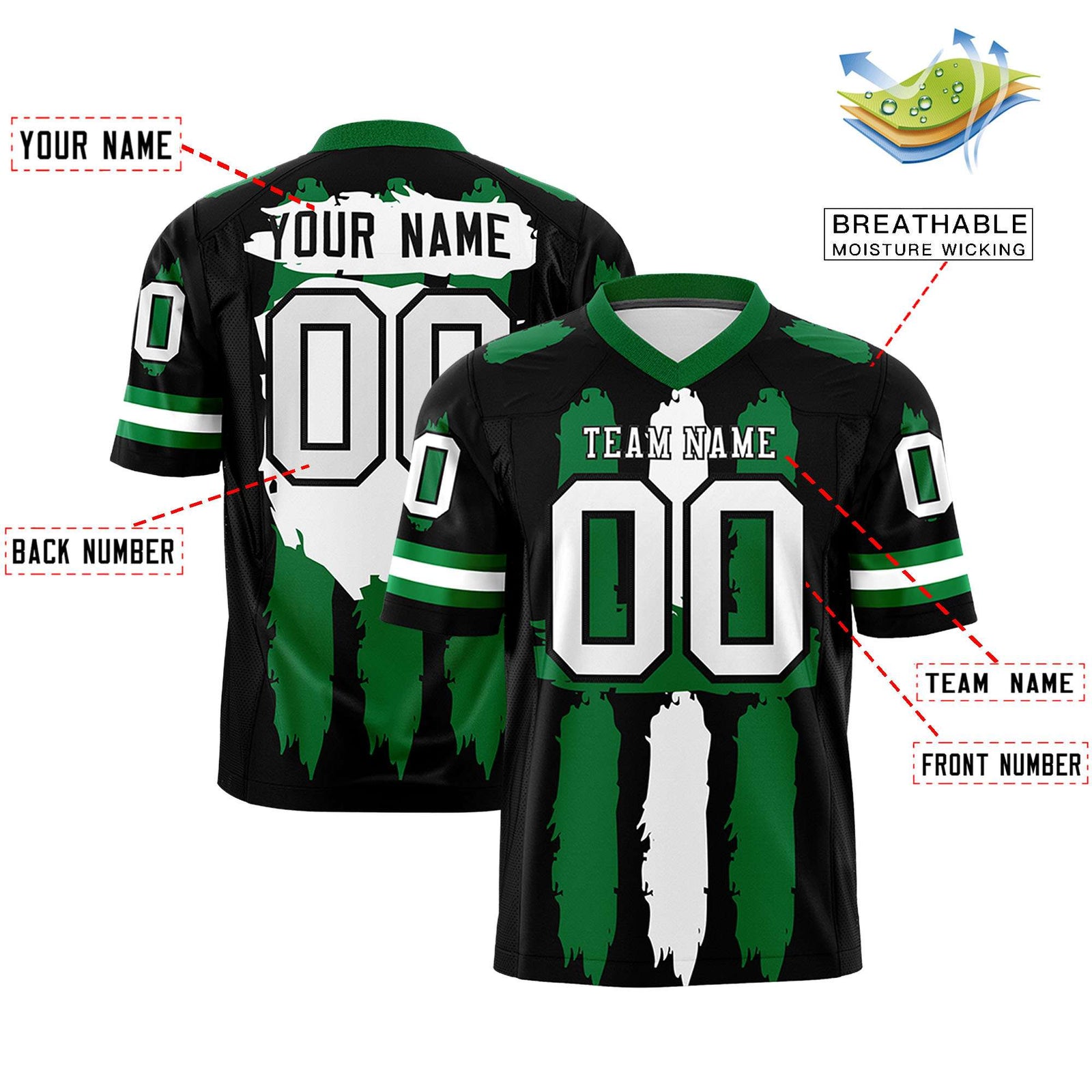 Custom Flag Football Jersey | Black Kelly Green and White Graffiti Pattern Practice 7on7 Uniforms | Add name, number & logo| KXKSHOP