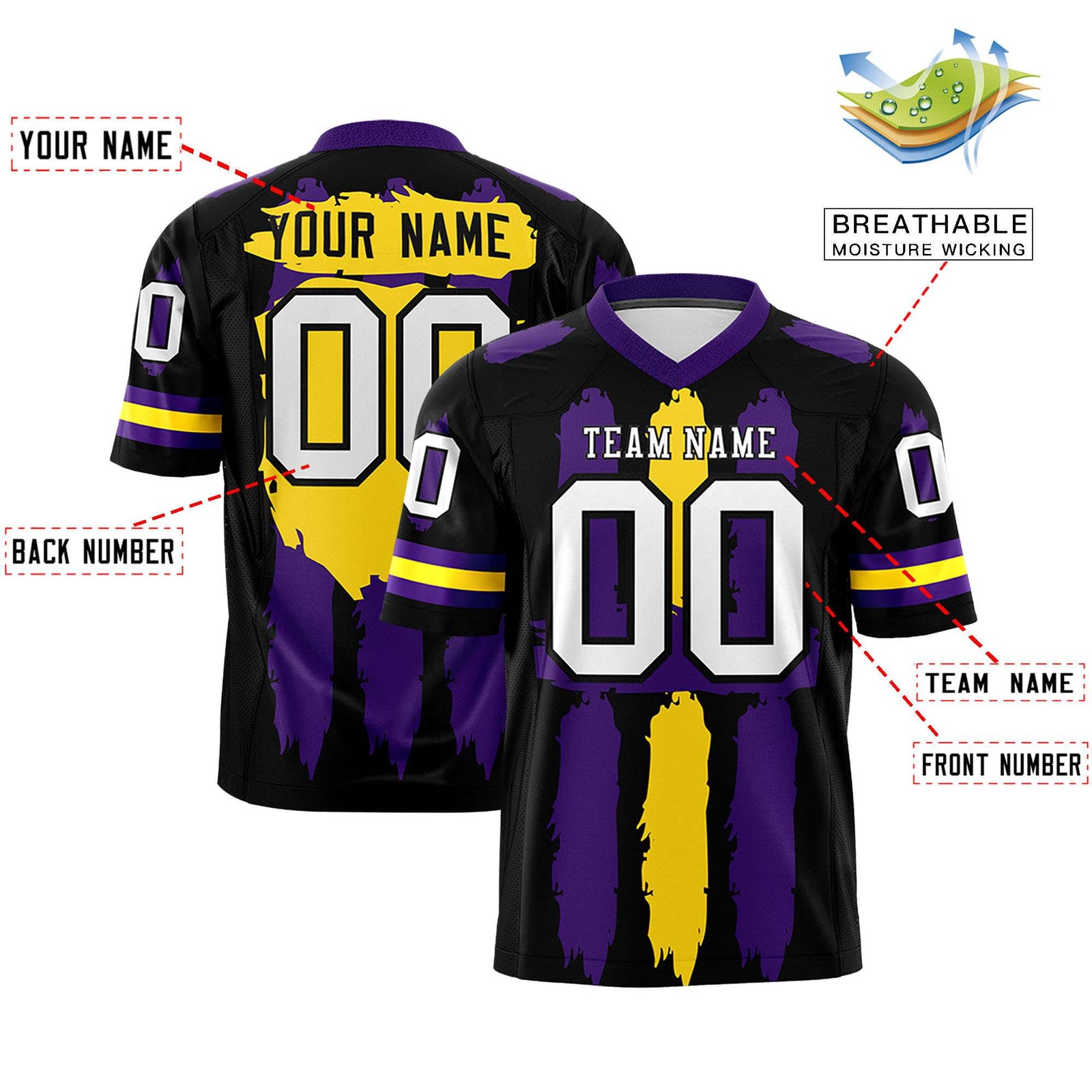 Custom Flag Football Jersey | Black Purple and Gold Graffiti Pattern Practice 7on7 Uniforms | Add name, number & logo| KXKSHOP