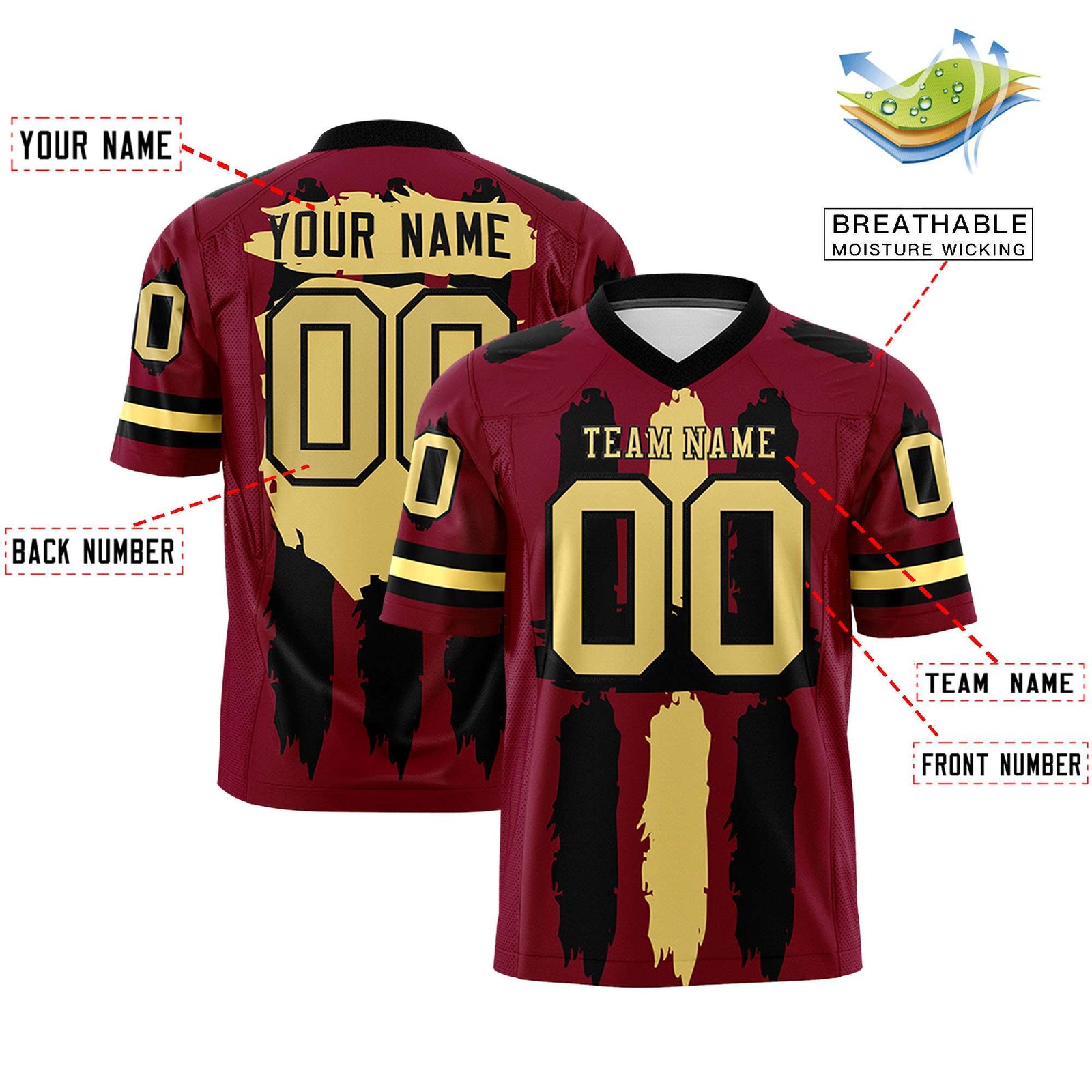 Custom Flag Football Jersey |Crimson Black and Khaki Graffiti Pattern Practice 7on7 Uniforms | Add name, number & logo| KXKSHOP