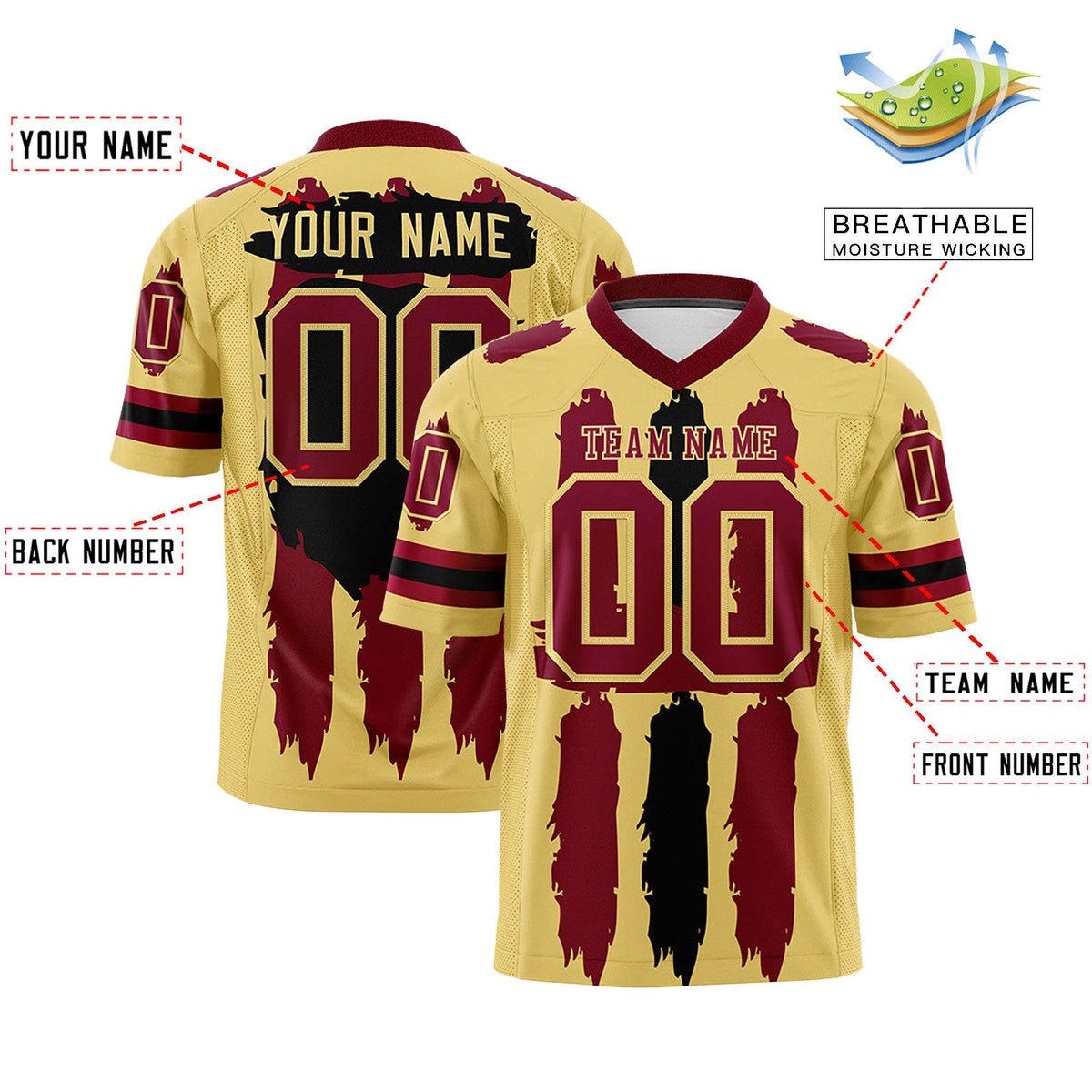 Custom Flag Football Jersey | Khaki Crimson and Black Graffiti Pattern Practice 7on7 Uniforms | Add name, number &amp; logo| KXKSHOP