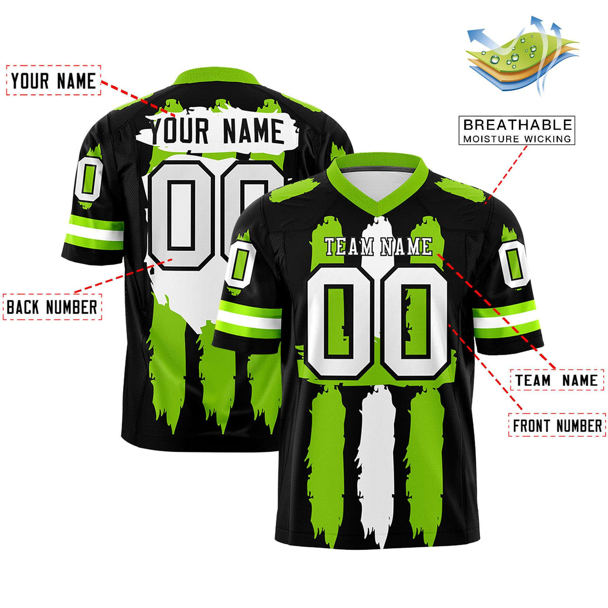 Custom Flag Football Jersey | Black Neon Green and White Graffiti Pattern Practice 7on7 Uniforms | Add name, number &amp; logo| KXKSHOP