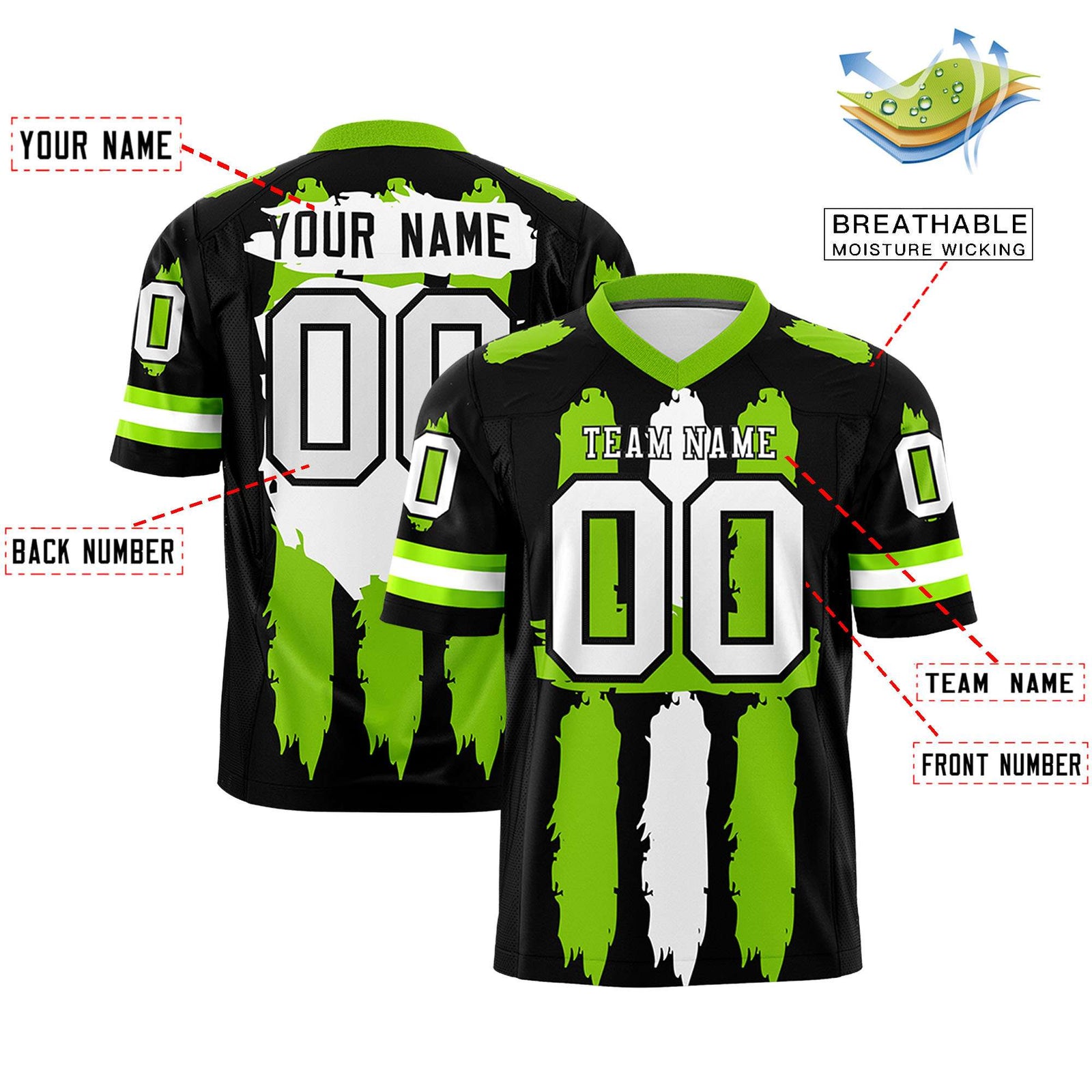 Custom Flag Football Jersey | Black Neon Green and White Graffiti Pattern Practice 7on7 Uniforms | Add name, number & logo| KXKSHOP