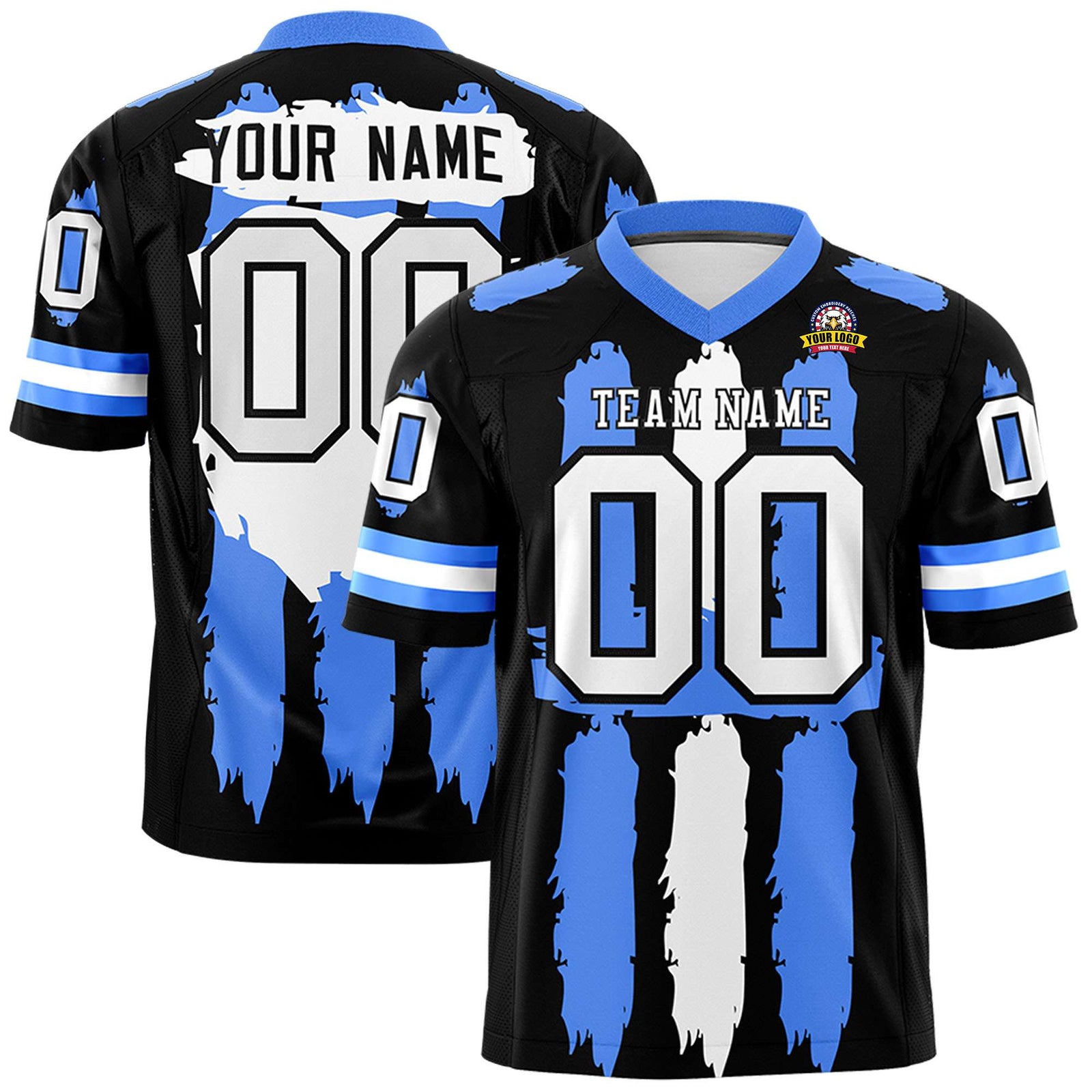Custom Flag Football Jersey | Black Powder Blue and White Graffiti Pattern Practice 7on7 Uniforms | Add name, number & logo| KXKSHOP