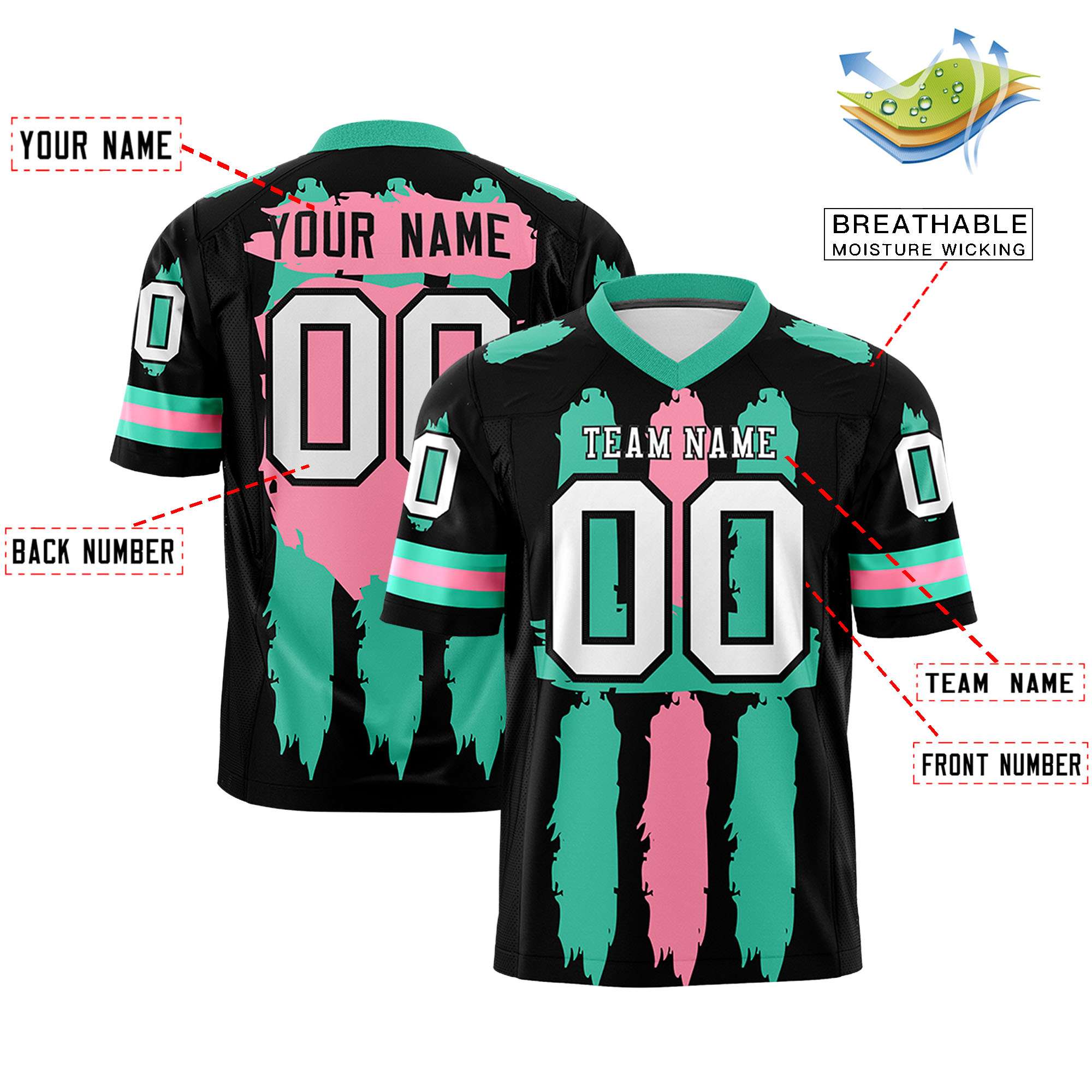 Custom Flag Football Jersey | Black Bright Green and Light Pink Graffiti Pattern Practice 7on7 Uniforms | Add name, number & logo| KXKSHOP
