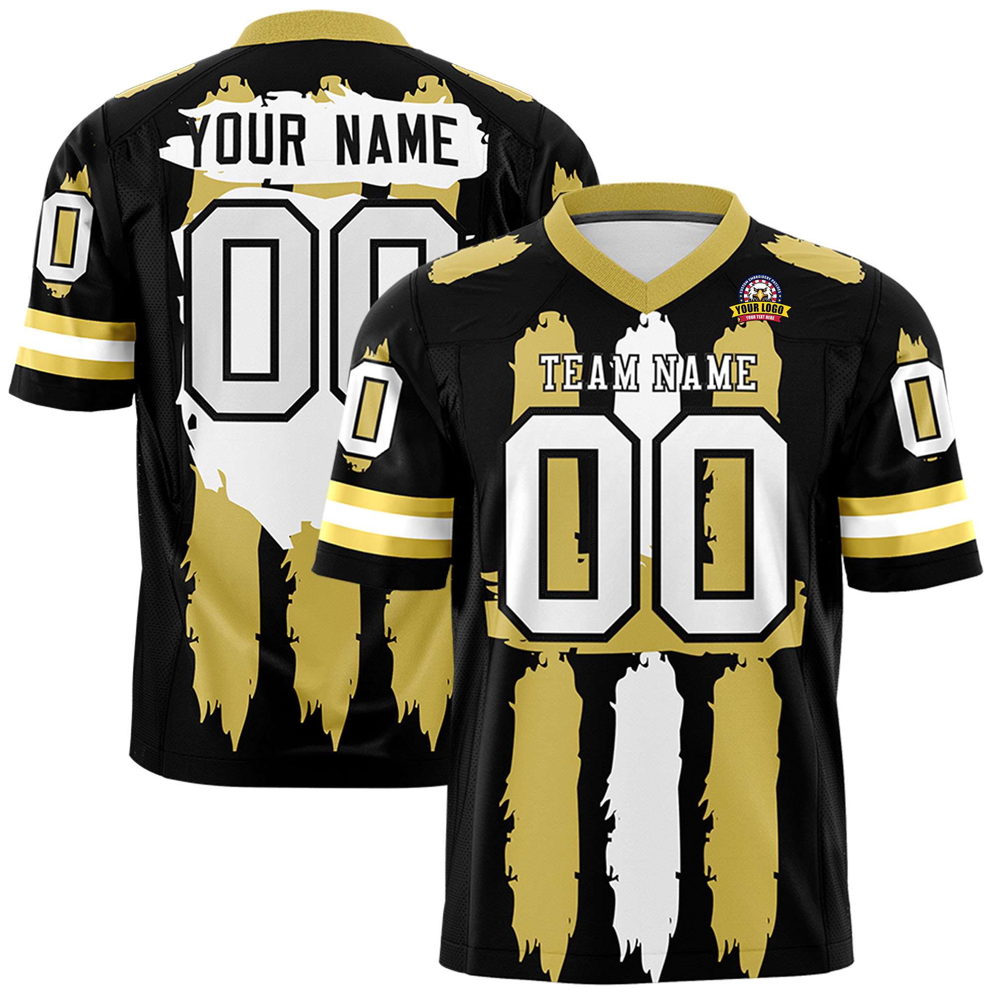 Custom Black Old Gold and White Graffiti Pattern Practice Football Jerseys
