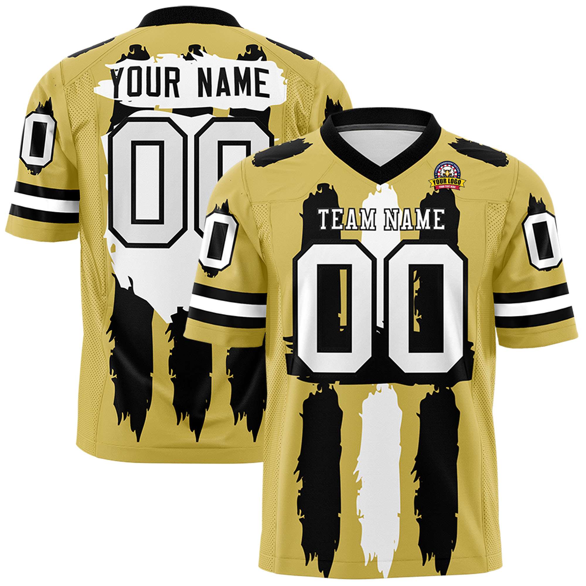 Custom Old Gold Black and White Graffiti Pattern Practice Football Jerseys