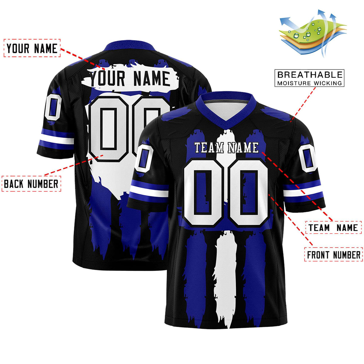 Custom Flag Football Jersey | Black Royal and White Graffiti Pattern Practice 7on7 Uniforms | Add name, number & logo| KXKSHOP