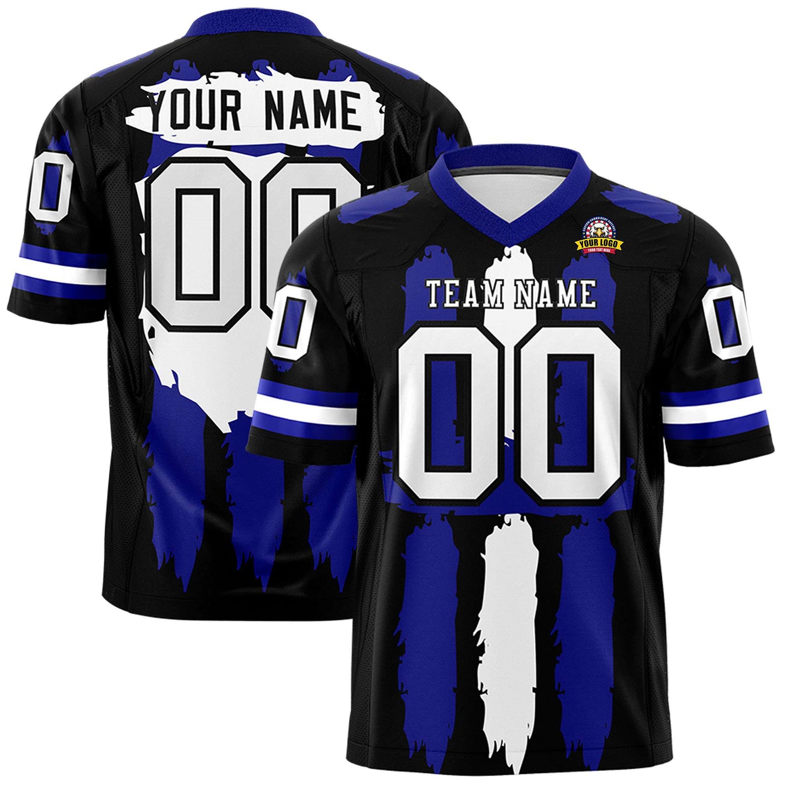 Custom Flag Football Jersey | Black Royal and White Graffiti Pattern Practice 7on7 Uniforms | Add name, number & logo| KXKSHOP