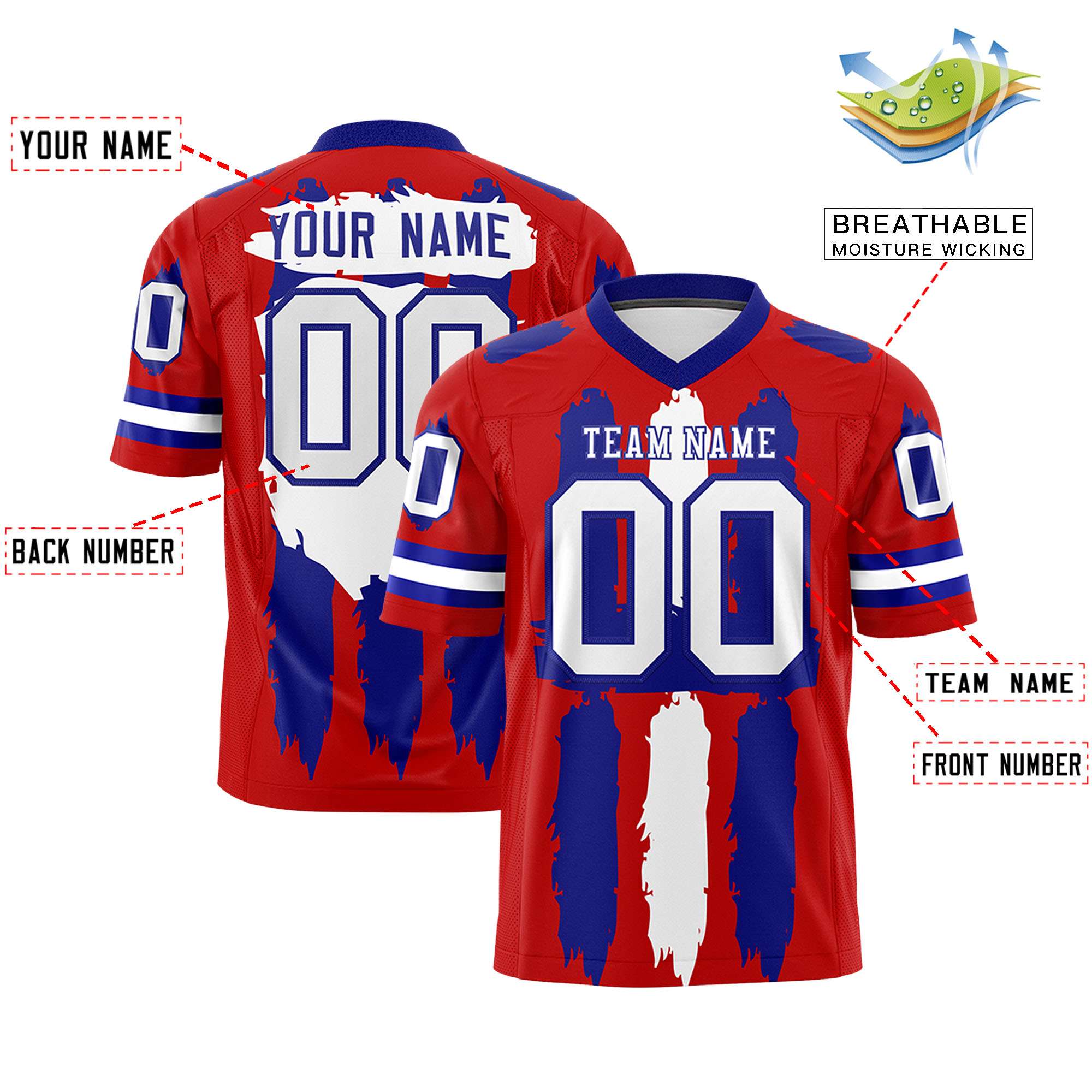 Custom Flag Football Jersey | Red Royal and White Graffiti Pattern Practice 7on7 Uniforms | Add name, number & logo| KXKSHOP