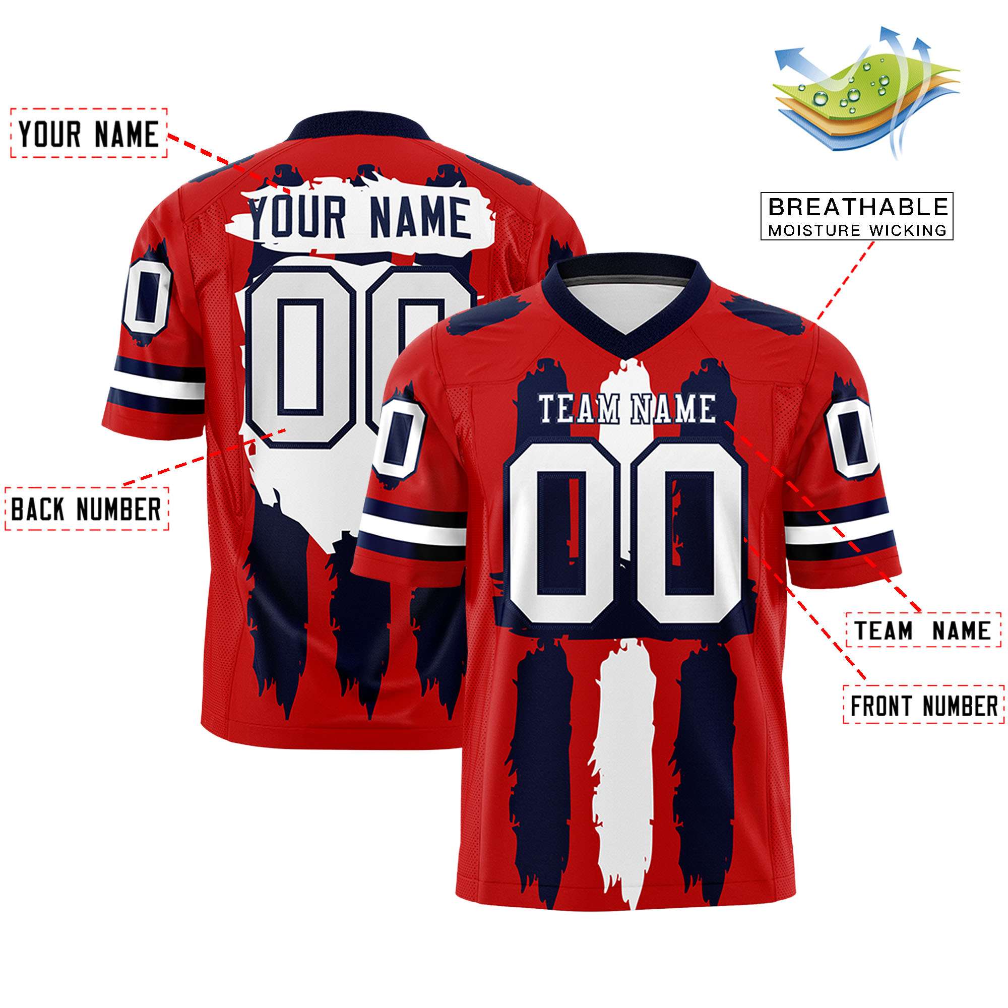 Custom Flag Football Jersey | Red Navy and White Graffiti Pattern Practice 7on7 Uniforms | Add name, number & logo| KXKSHOP