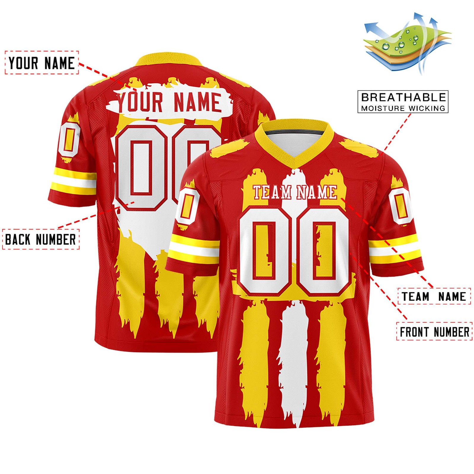 Custom Flag Football Jersey | Red Gold and White Graffiti Pattern Practice 7on7 Uniforms | Add name, number & logo| KXKSHOP