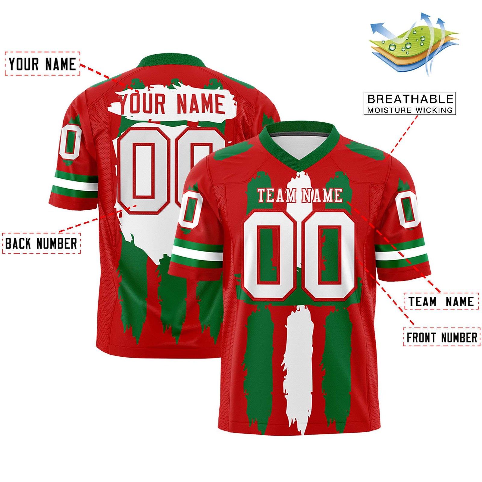 Custom Flag Football Jersey | Red Kelly Green and White Graffiti Pattern Practice 7on7 Uniforms | Add name, number & logo| KXKSHOP