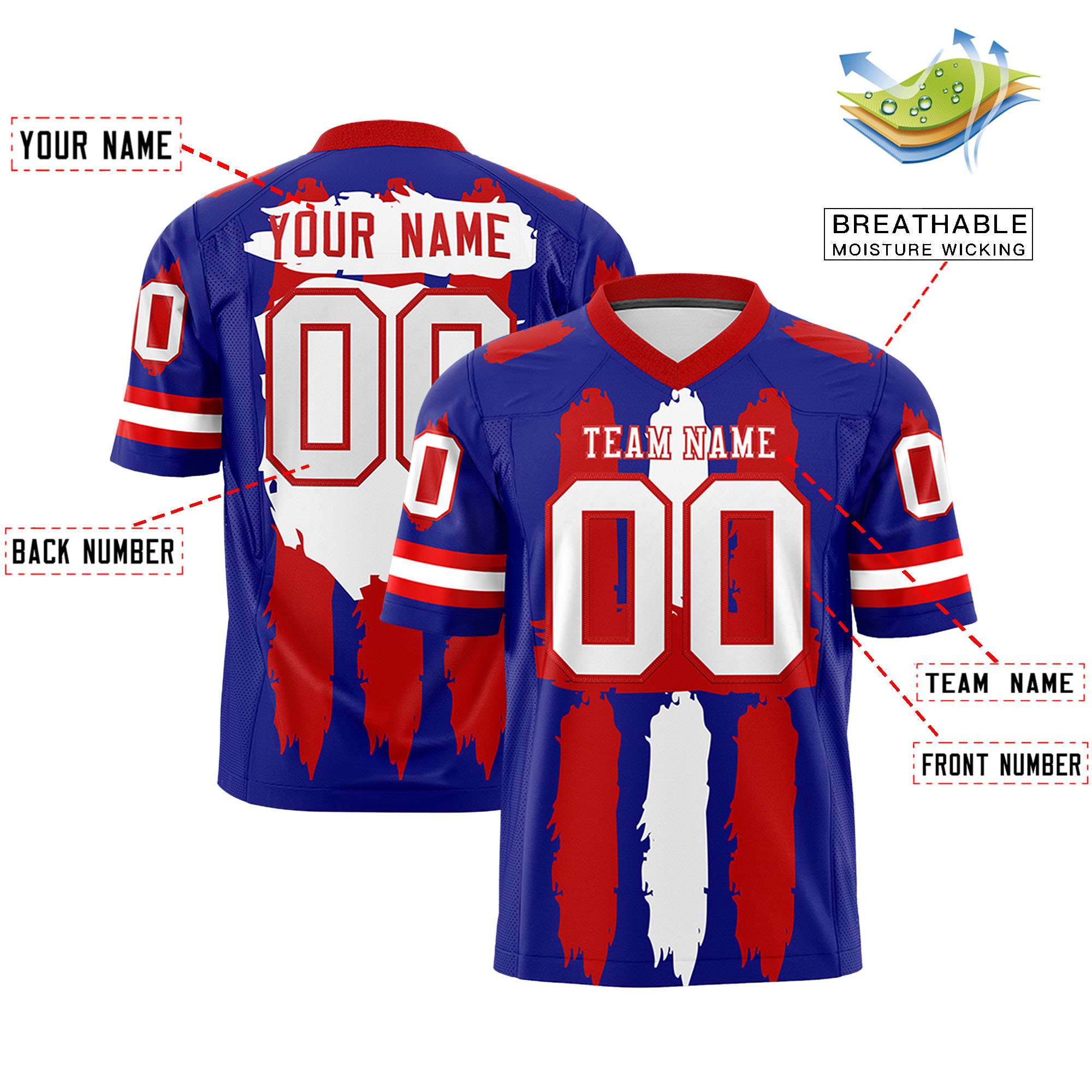 Custom Flag Football Jersey | Royal Red and White Graffiti Pattern Practice 7on7 Uniforms | Add name, number & logo| KXKSHOP