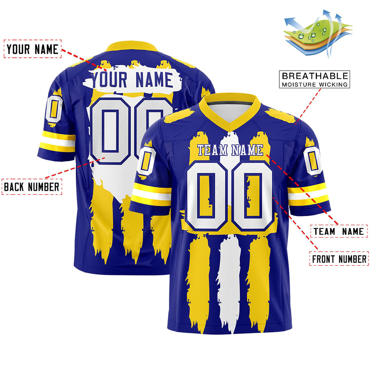 Custom Flag Football Jersey | Royal Gold and White Graffiti Pattern Practice 7on7 Uniforms | Add name, number & logo| KXKSHOP