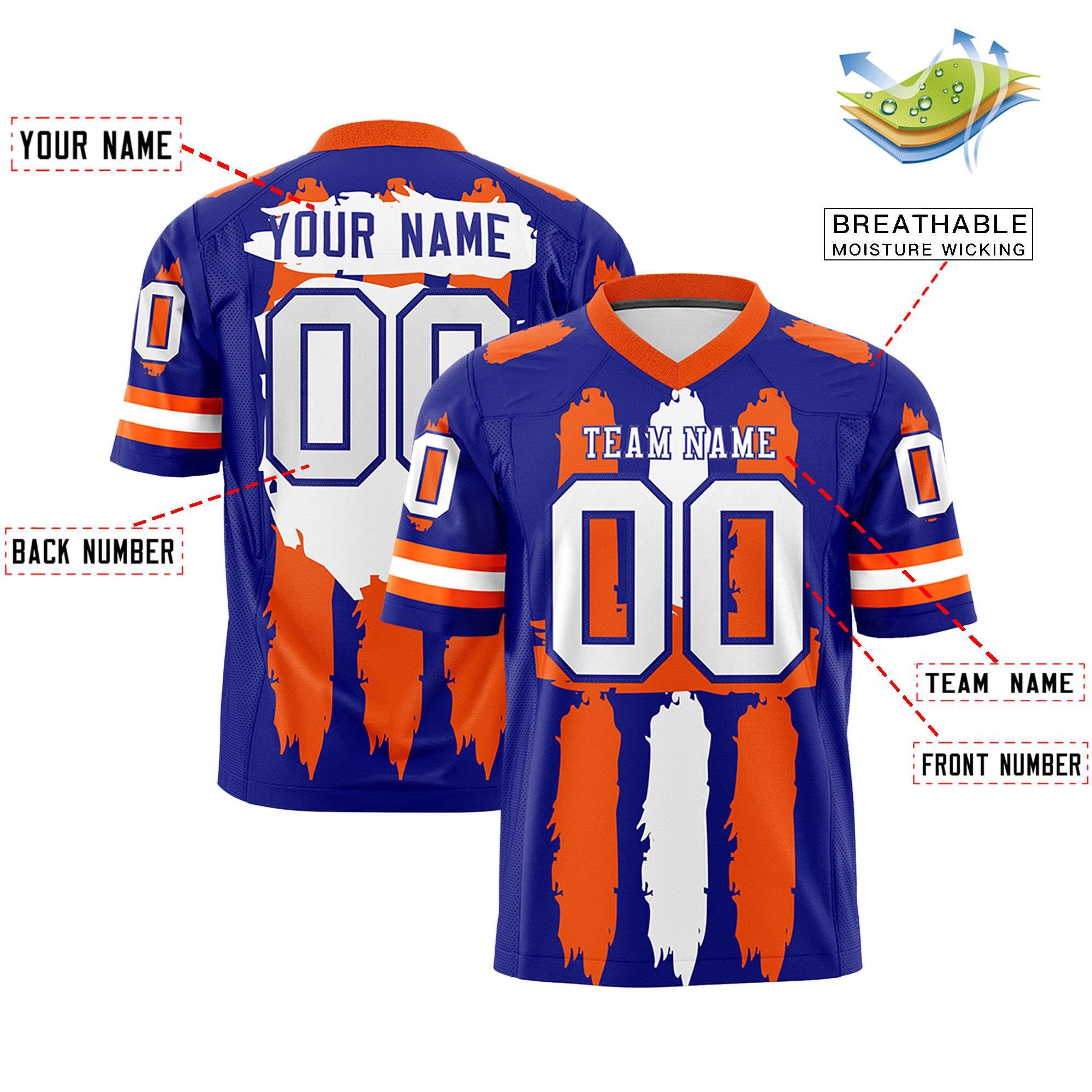 Custom Flag Football Jersey | Royal Orange and White Graffiti Pattern Practice 7on7 Uniforms | Add name, number & logo| KXKSHOP