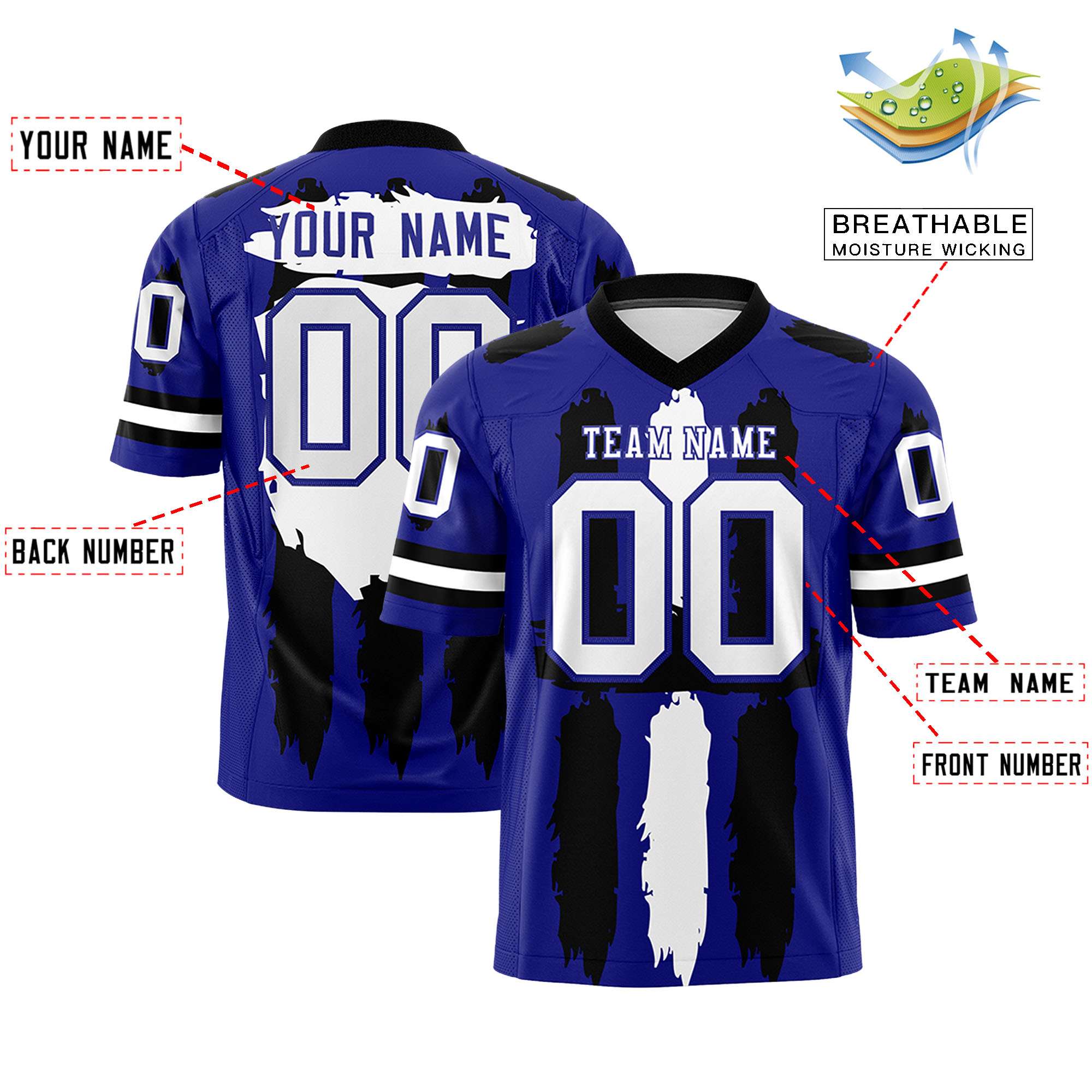 Custom Flag Football Jersey | Royal Black and White Graffiti Pattern Practice 7on7 Uniforms | Add name, number & logo| KXKSHOP
