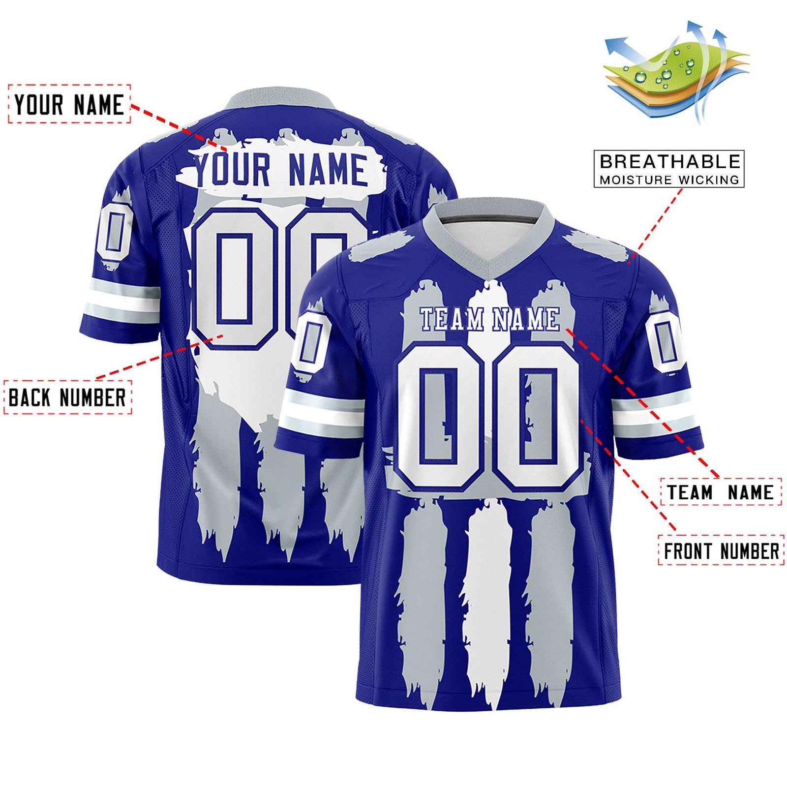 Custom Flag Football Jersey | Royal Silver and White Graffiti Pattern Practice 7on7 Uniforms | Add name, number & logo| KXKSHOP