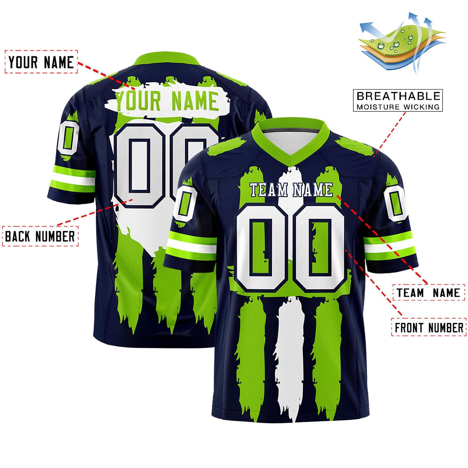 Custom Flag Football Jersey | Navy Neon Green and White Graffiti Pattern Practice 7on7 Uniforms | Add name, number & logo| KXKSHOP