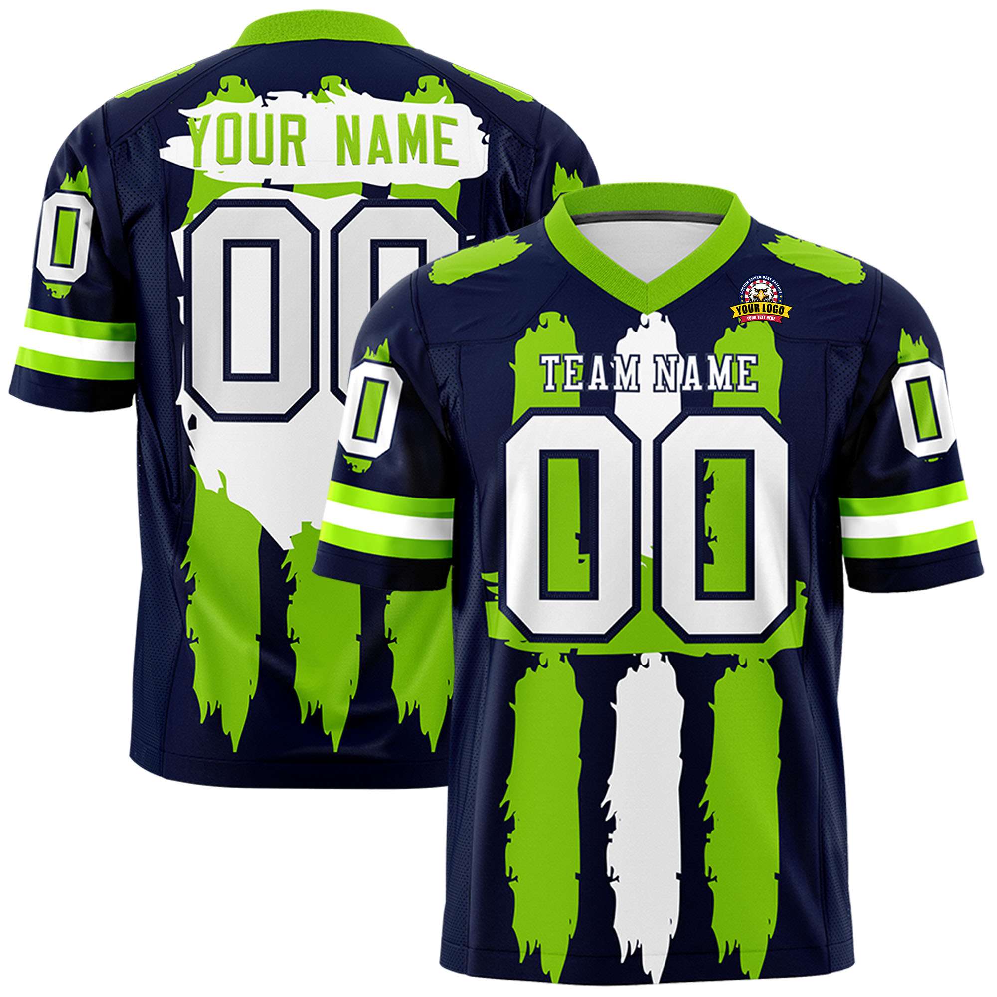 Custom Flag Football Jersey | Navy Neon Green and White Graffiti Pattern Practice 7on7 Uniforms | Add name, number & logo| KXKSHOP