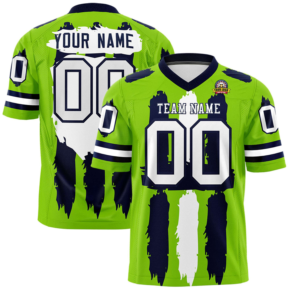 Custom Flag Football Jersey | Neon Green Navy and White Graffiti Pattern Practice 7on7 Uniforms | Add name, number &amp; logo| KXKSHOP