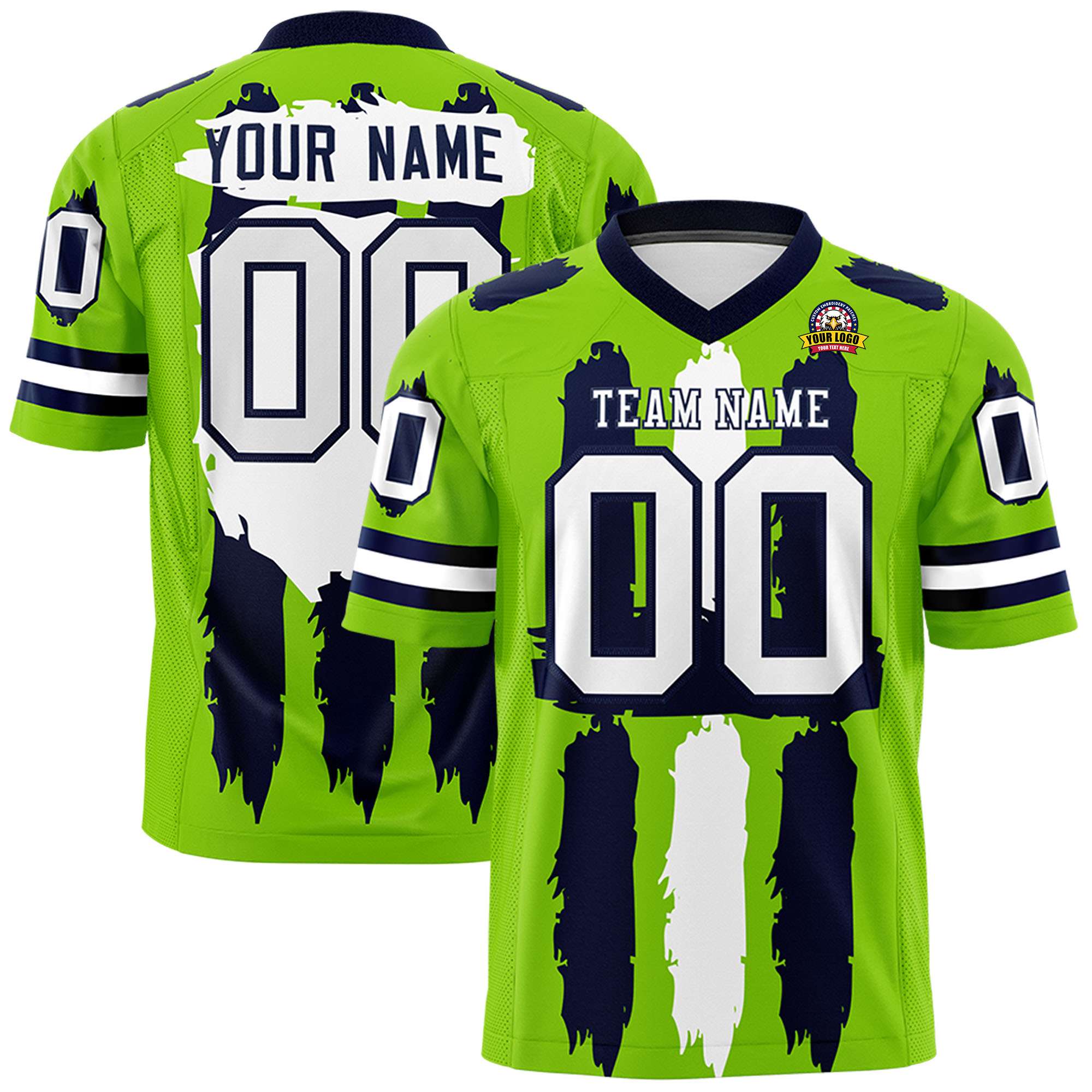 Custom Flag Football Jersey | Neon Green Navy and White Graffiti Pattern Practice 7on7 Uniforms | Add name, number & logo| KXKSHOP