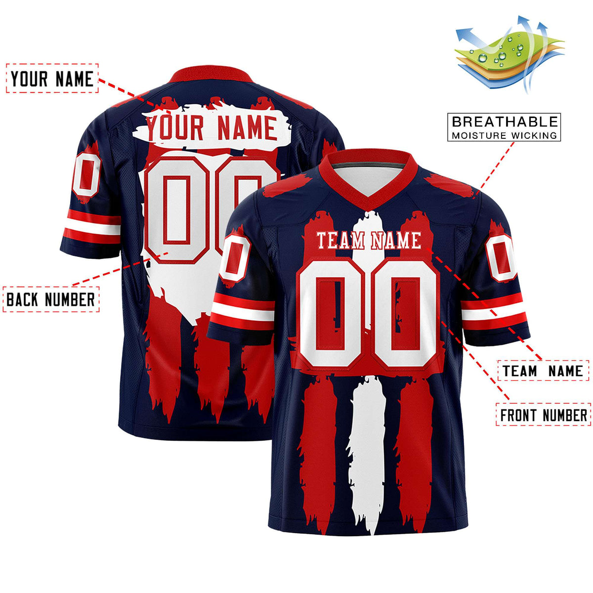 Custom Flag Football Jersey | Navy Red and White Graffiti Pattern Practice 7on7 Uniforms | Add name, number &amp; logo| KXKSHOP