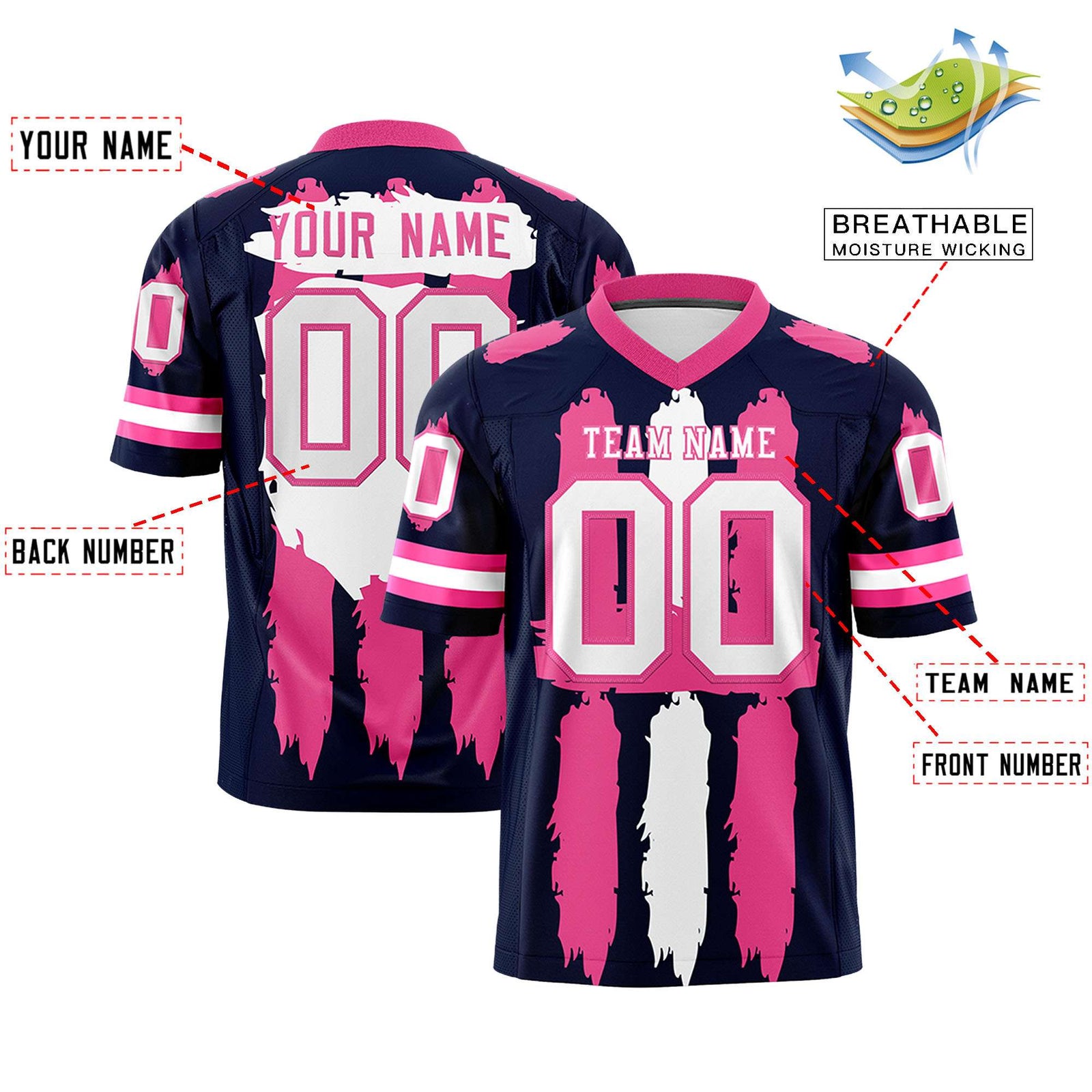 Custom Flag Football Jersey | Navy Pink and White Graffiti Pattern Practice 7on7 Uniforms | Add name, number & logo| KXKSHOP