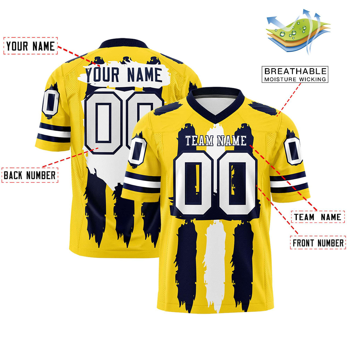 Custom Flag Football Jersey | Gold Navy and White Graffiti Pattern Practice 7on7 Uniforms | Add name, number &amp; logo| KXKSHOP