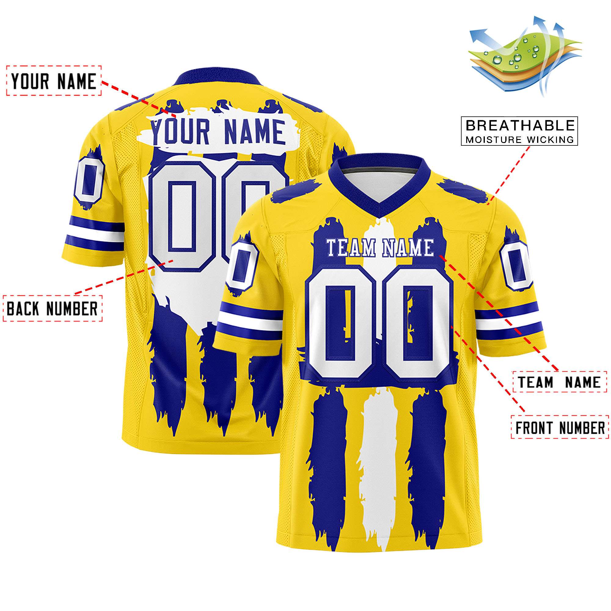 Custom Flag Football Jersey | Gold Royal and White Graffiti Pattern Practice 7on7 Uniforms | Add name, number & logo| KXKSHOP