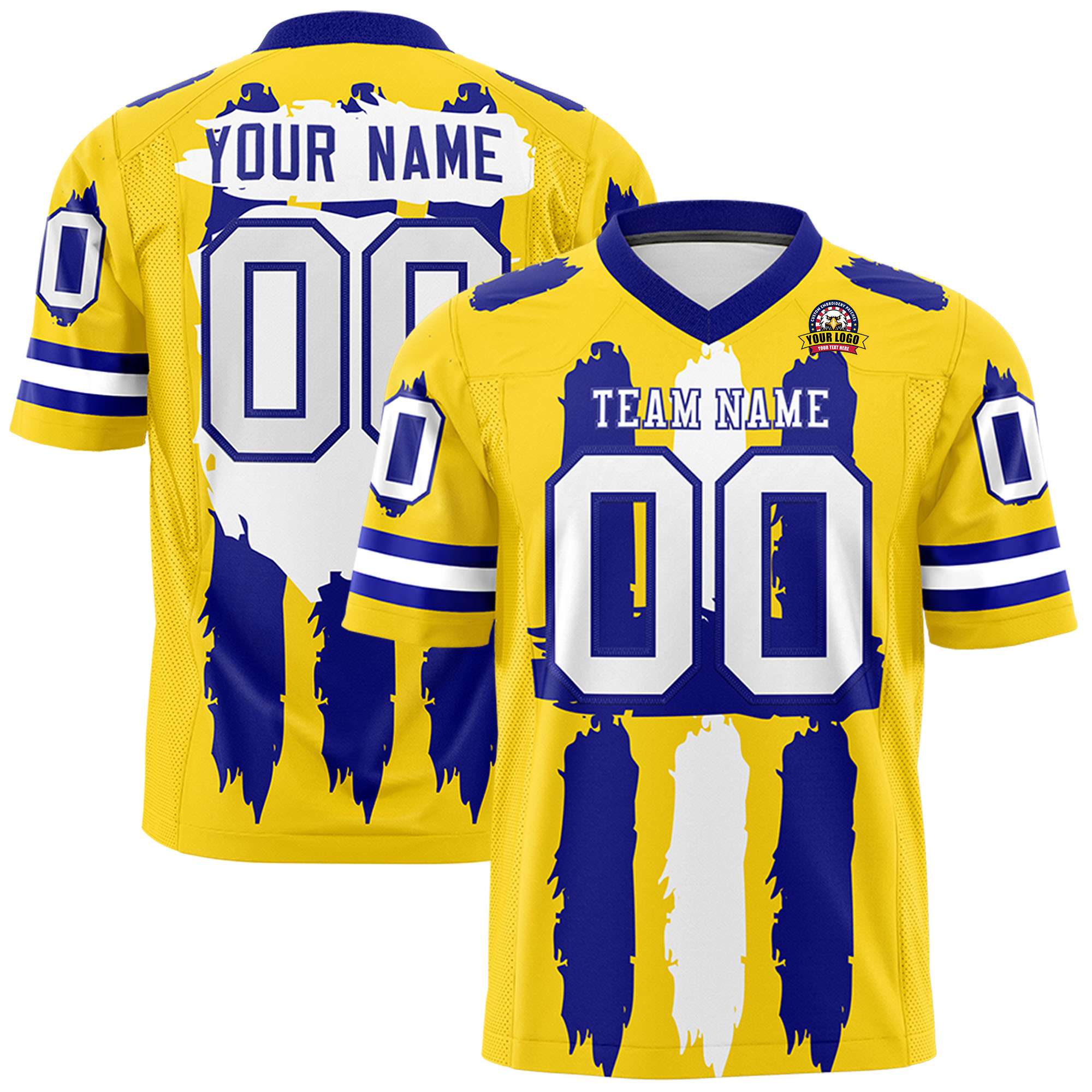 Custom Flag Football Jersey | Gold Royal and White Graffiti Pattern Practice 7on7 Uniforms | Add name, number & logo| KXKSHOP