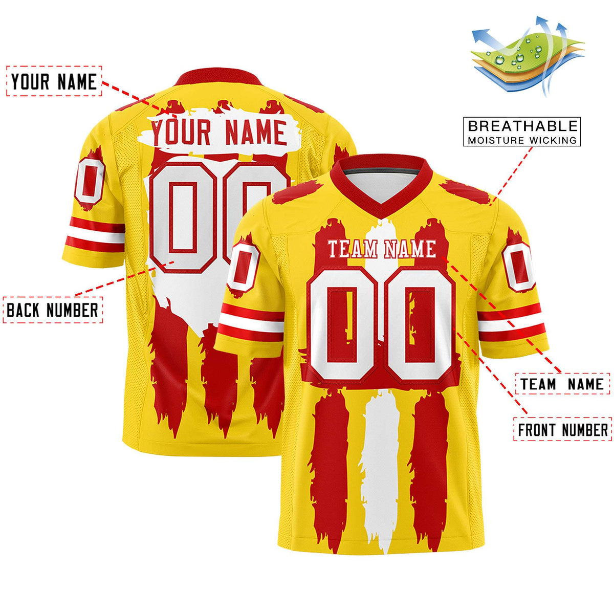 Custom Flag Football Jersey | Gold Red and White Graffiti Pattern Practice 7on7 Uniforms | Add name, number &amp; logo| KXKSHOP