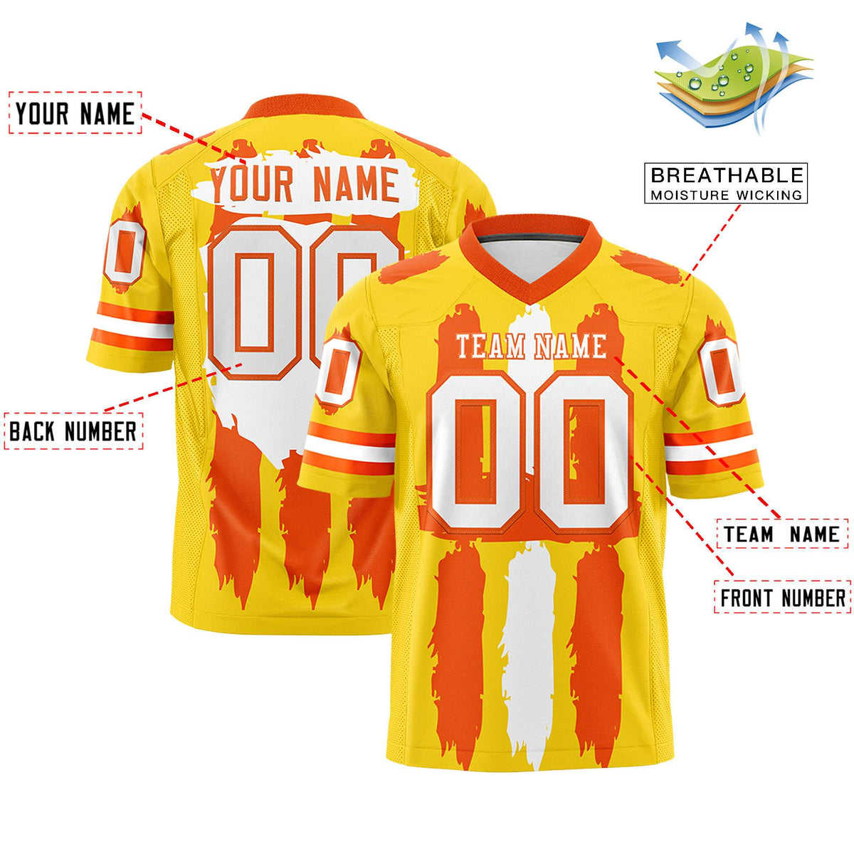 Custom Flag Football Jersey | Gold Orange and White Graffiti Pattern Practice 7on7 Uniforms | Add name, number &amp; logo| KXKSHOP