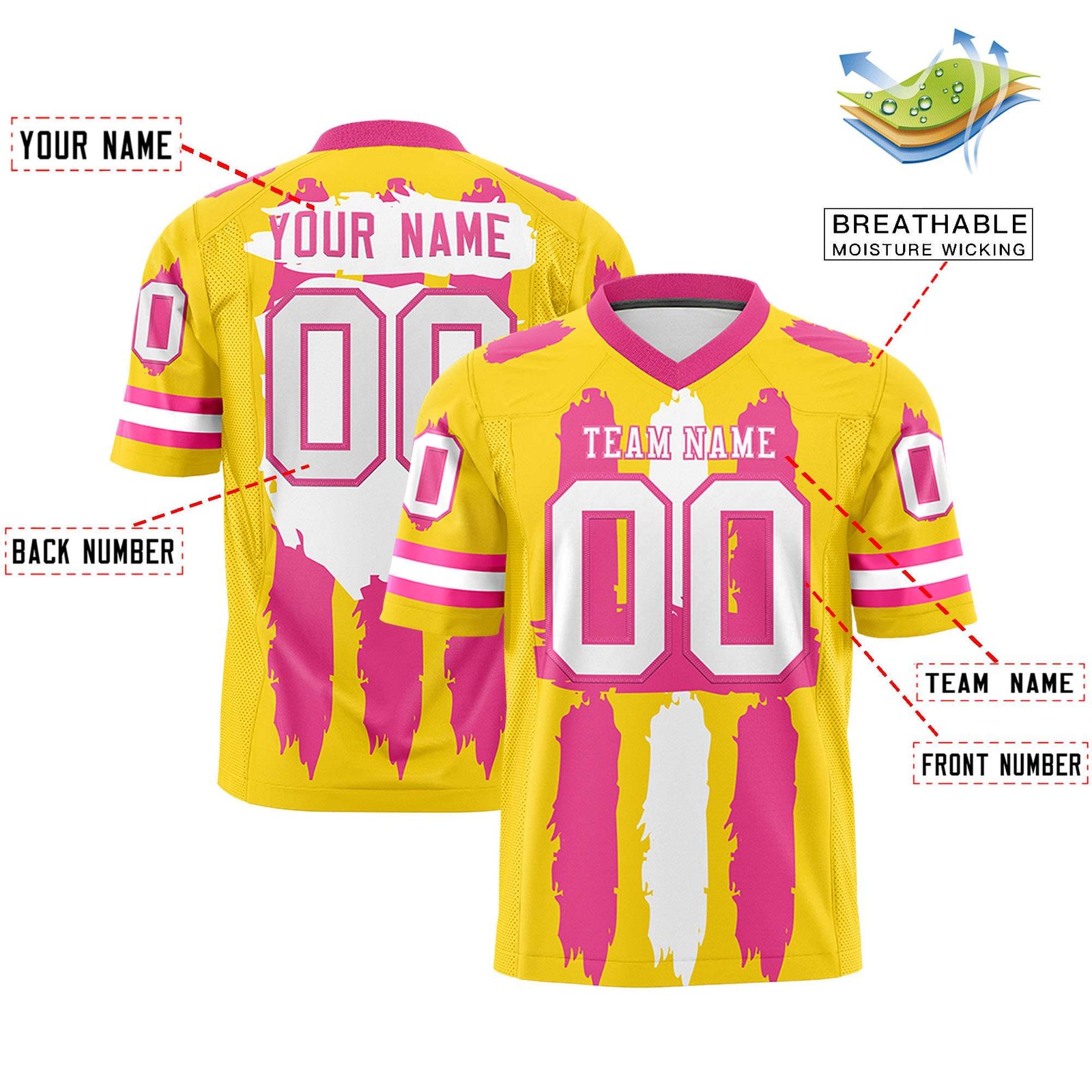 Custom Flag Football Jersey | Gold Pink and White Graffiti Pattern Practice 7on7 Uniforms | Add name, number & logo| KXKSHOP