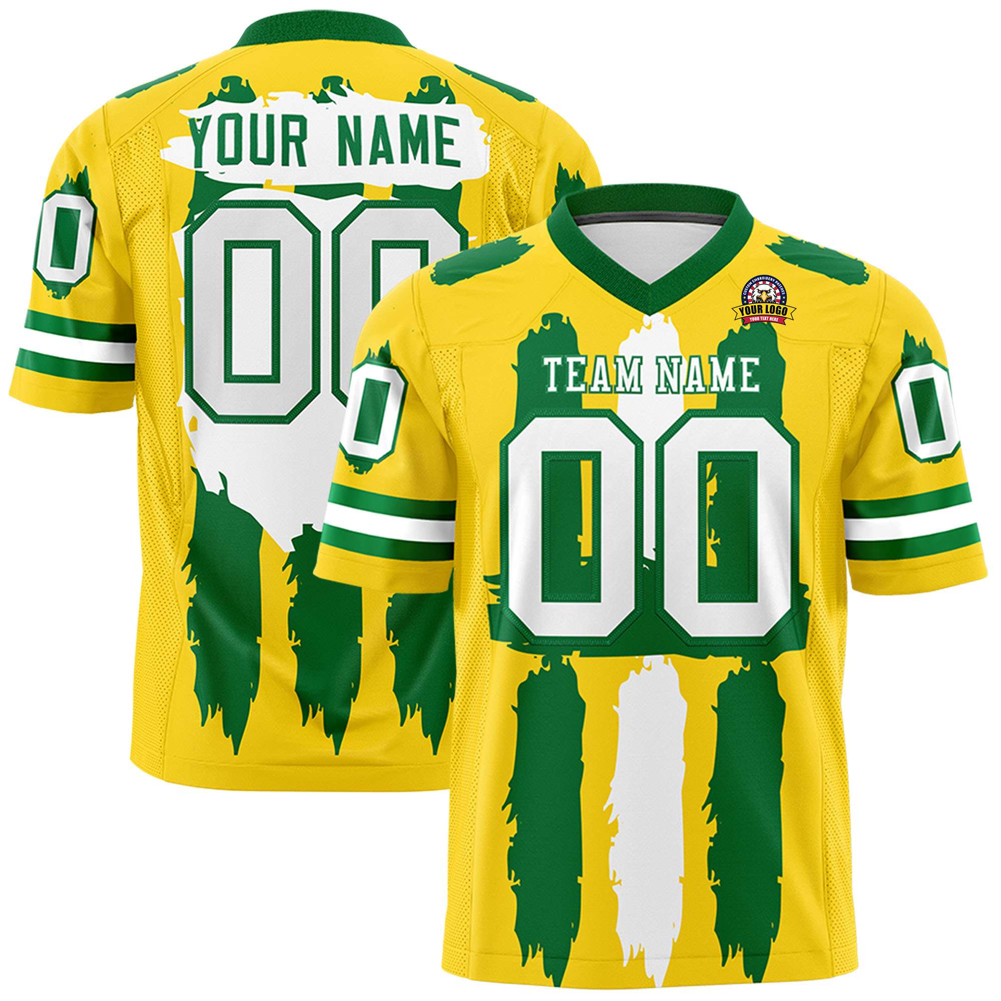 Custom Gold Kelly Green and  Graffiti Pattern Practice Football Jerseys