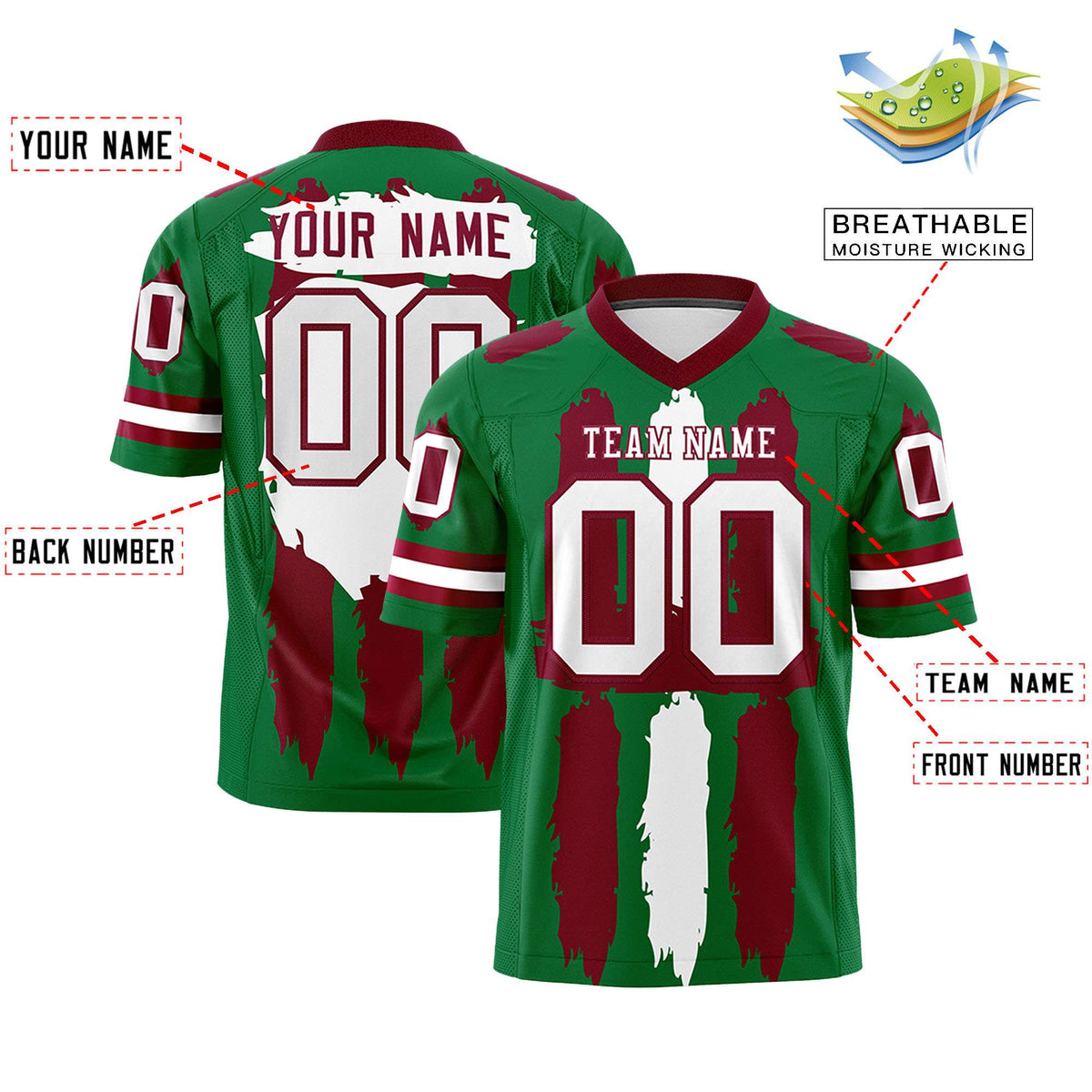 Custom Flag Football Jersey | Kelly Green Crimson and White Graffiti Pattern Practice 7on7 Uniforms | Add name, number &amp; logo| KXKSHOP