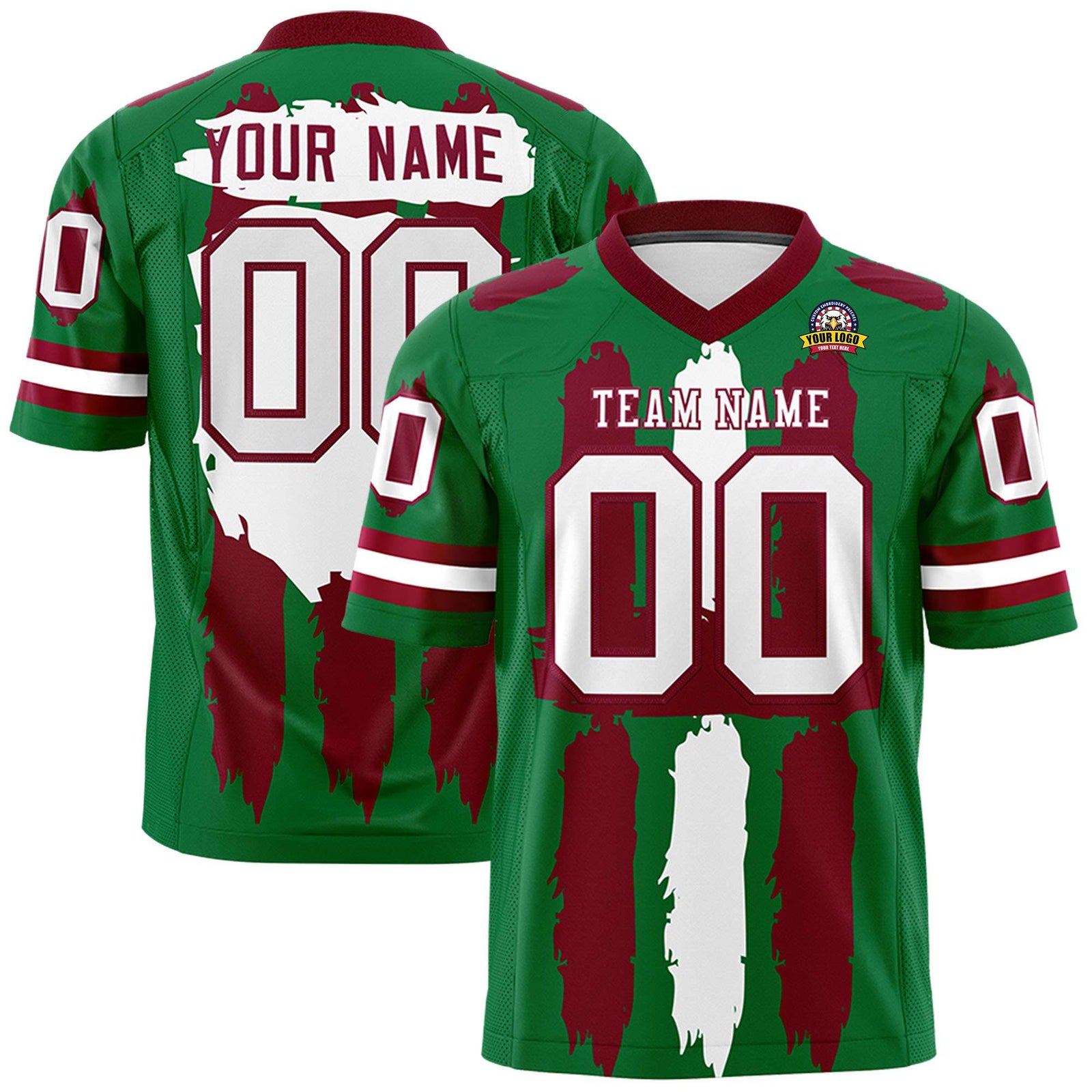 Custom Flag Football Jersey | Kelly Green Crimson and White Graffiti Pattern Practice 7on7 Uniforms | Add name, number & logo| KXKSHOP