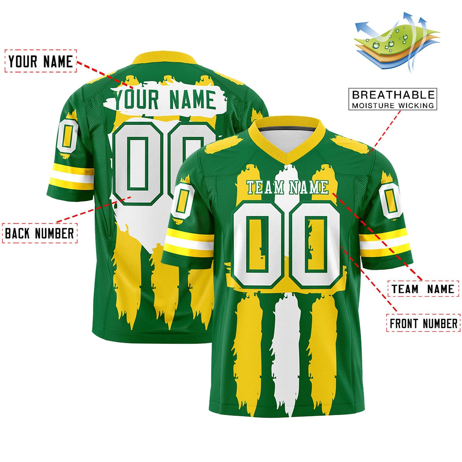 Custom Flag Football Jersey | Kelly Green Gold and White Graffiti Pattern Practice 7on7 Uniforms | Add name, number & logo| KXKSHOP