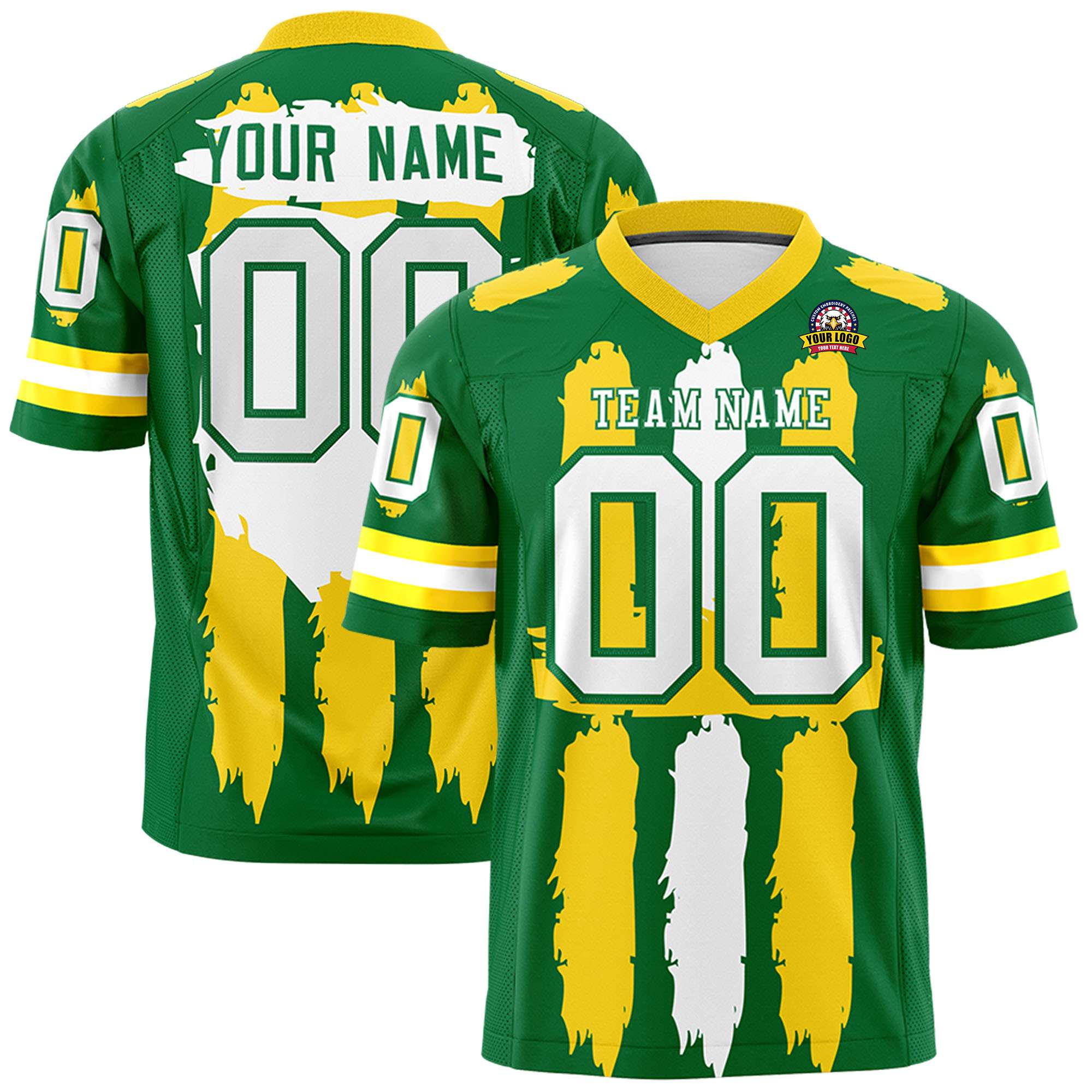 Custom Kelly Green Gold and White Graffiti Pattern Practice Football Jerseys