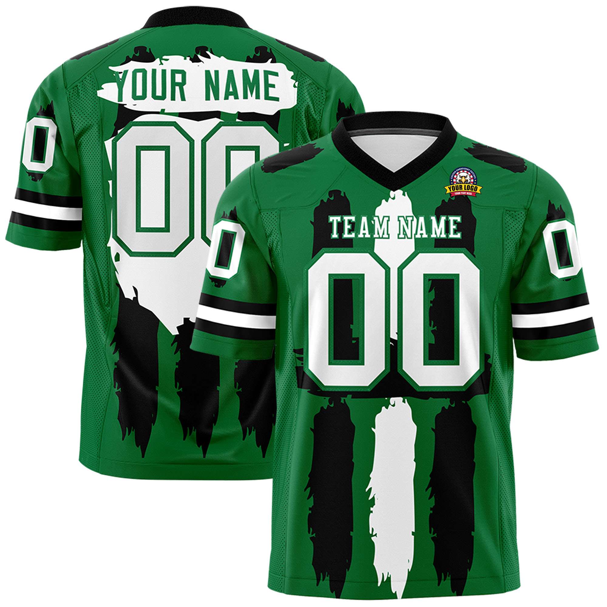 Custom Kelly Green Black and White Graffiti Pattern Practice Football Jerseys