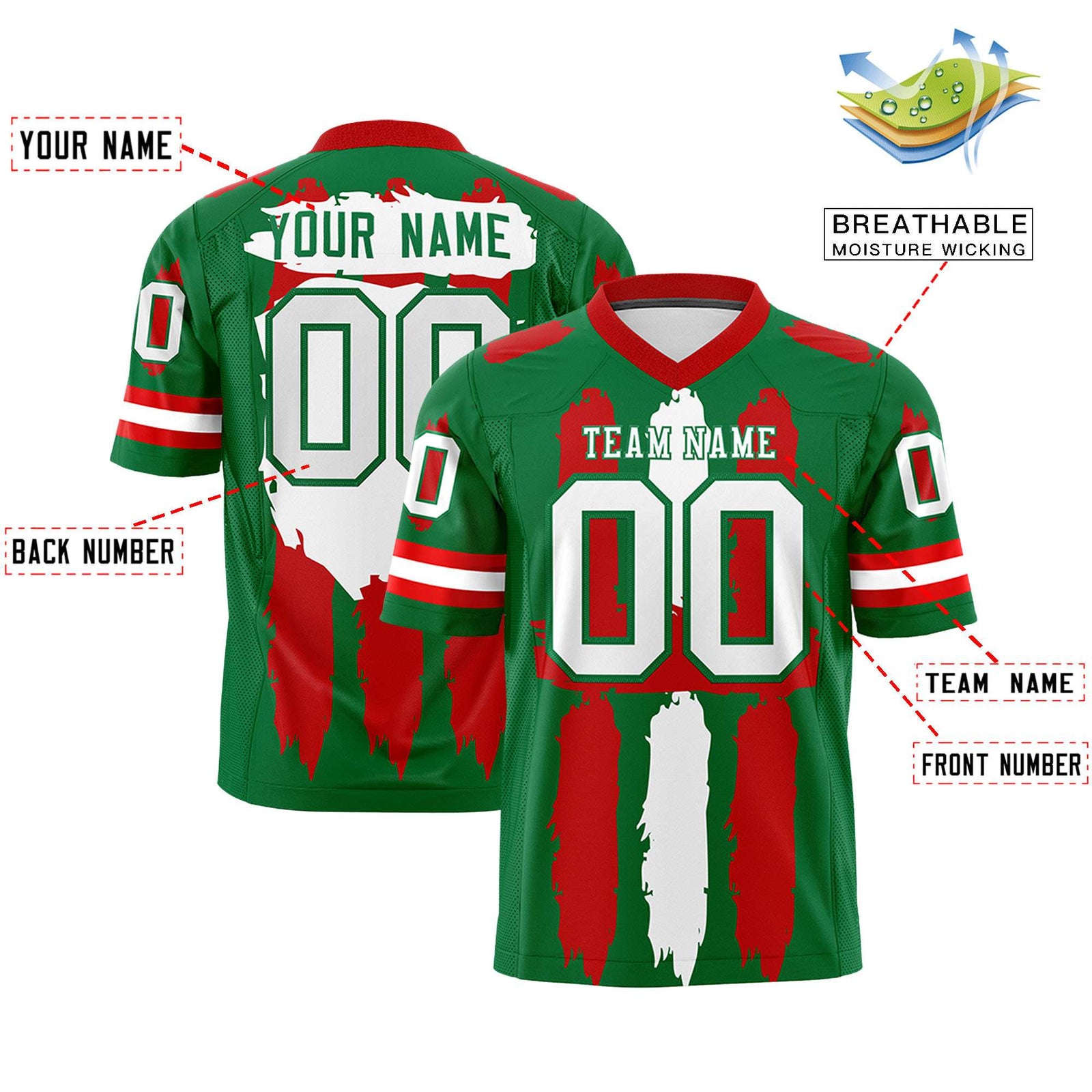 Custom Flag Football Jersey | Kelly Green Red and White Graffiti Pattern Practice 7on7 Uniforms | Add name, number & logo| KXKSHOP