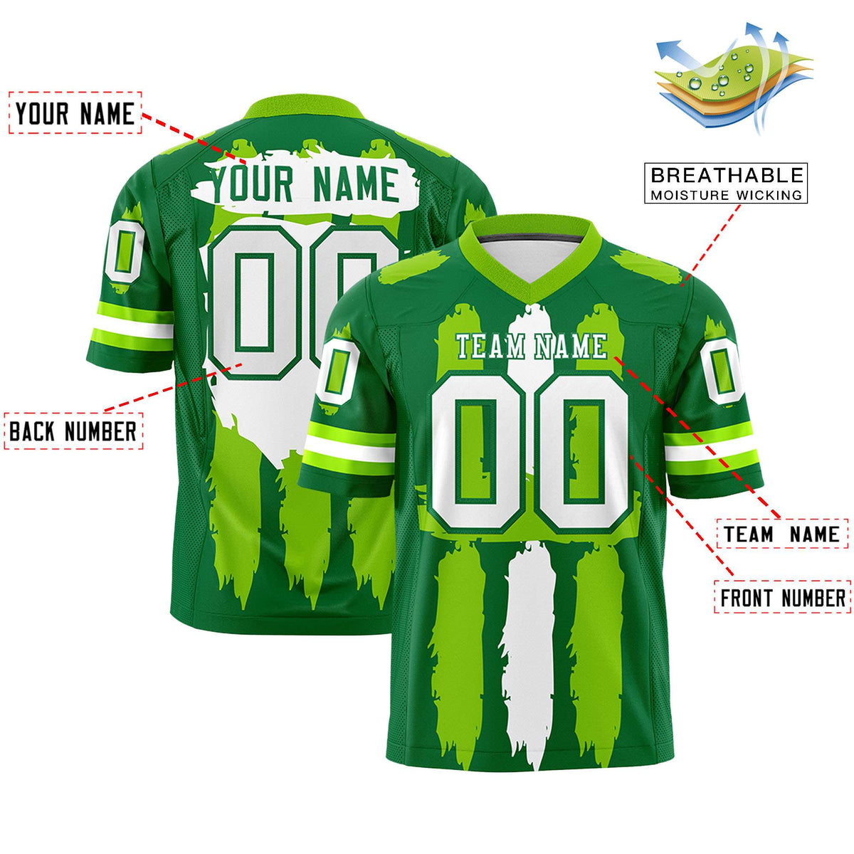 Custom Flag Football Jersey | Kelly Green Neon Green and White Graffiti Pattern Practice 7on7 Uniforms | Add name, number &amp; logo| KXKSHOP