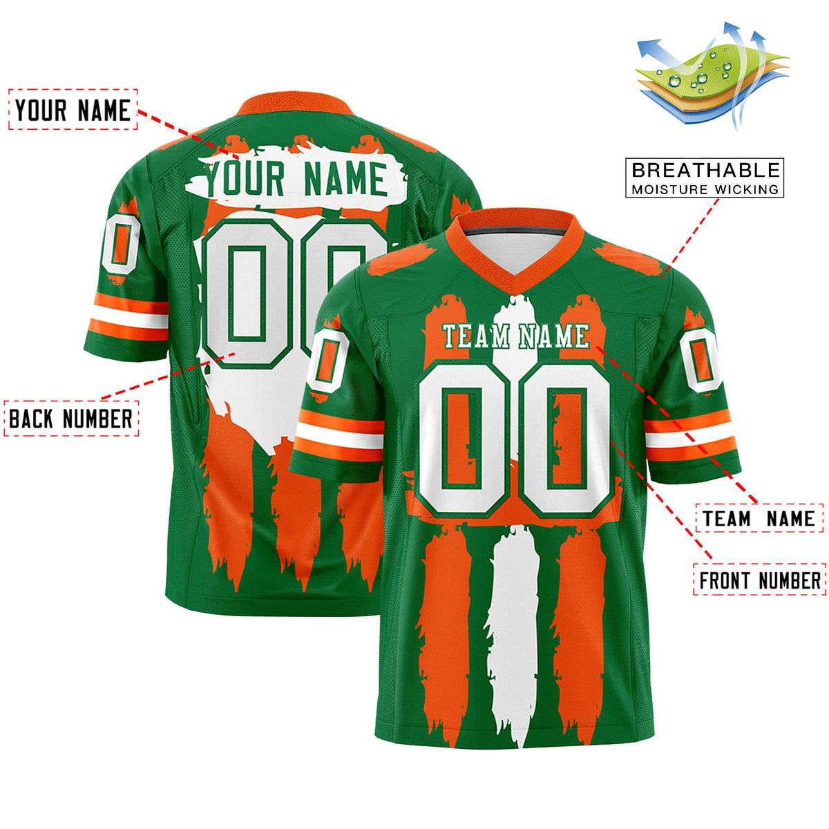 Custom Flag Football Jersey | Kelly Green Orange and White Graffiti Pattern Practice 7on7 Uniforms | Add name, number &amp; logo| KXKSHOP