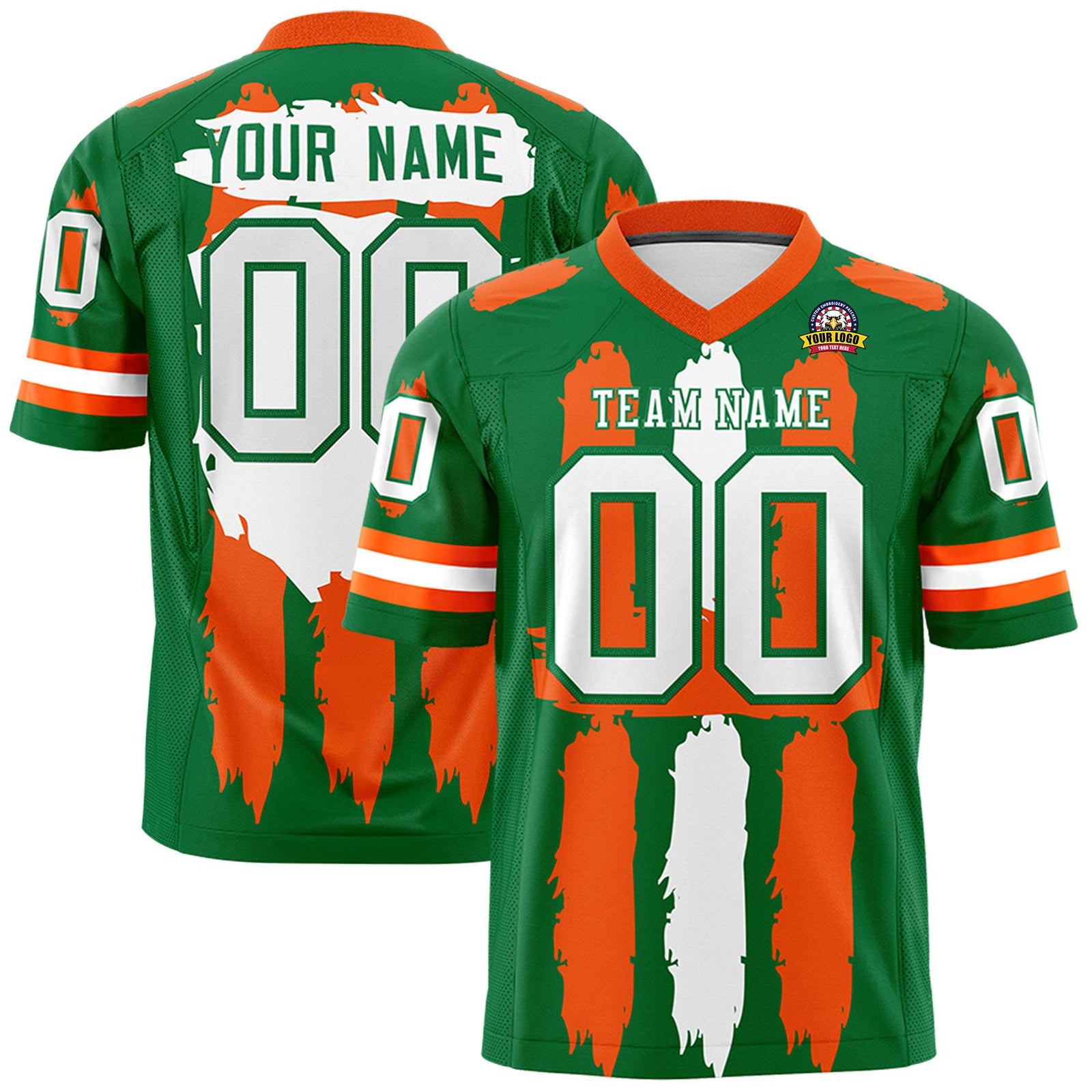 Custom Flag Football Jersey | Kelly Green Orange and White Graffiti Pattern Practice 7on7 Uniforms | Add name, number & logo| KXKSHOP