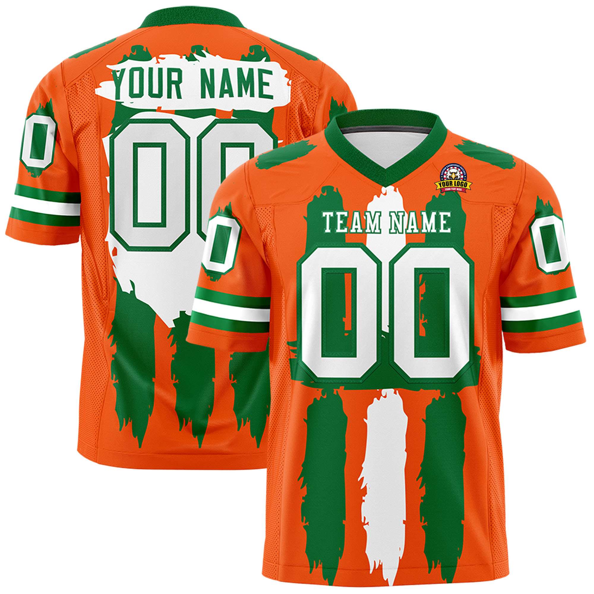 Custom Orange Kelly Green and White Graffiti Pattern Practice Football Jerseys