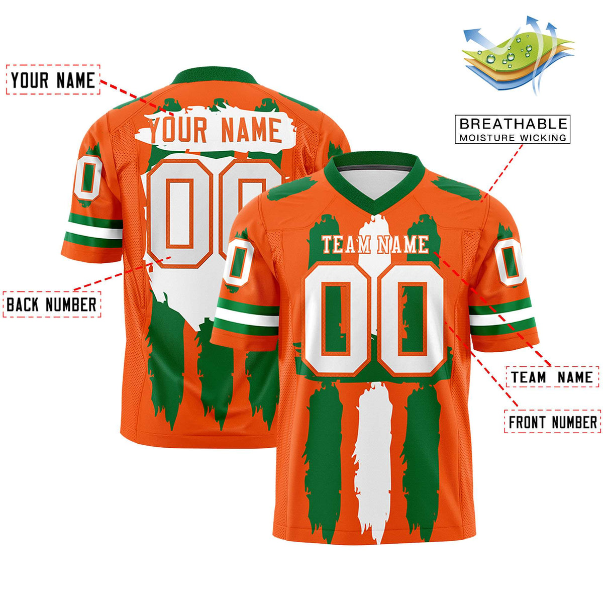 Custom Flag Football Jersey | Orange Kelly Green and White Graffiti Pattern Practice 7on7 Uniforms | Add name, number &amp; logo| KXKSHOP