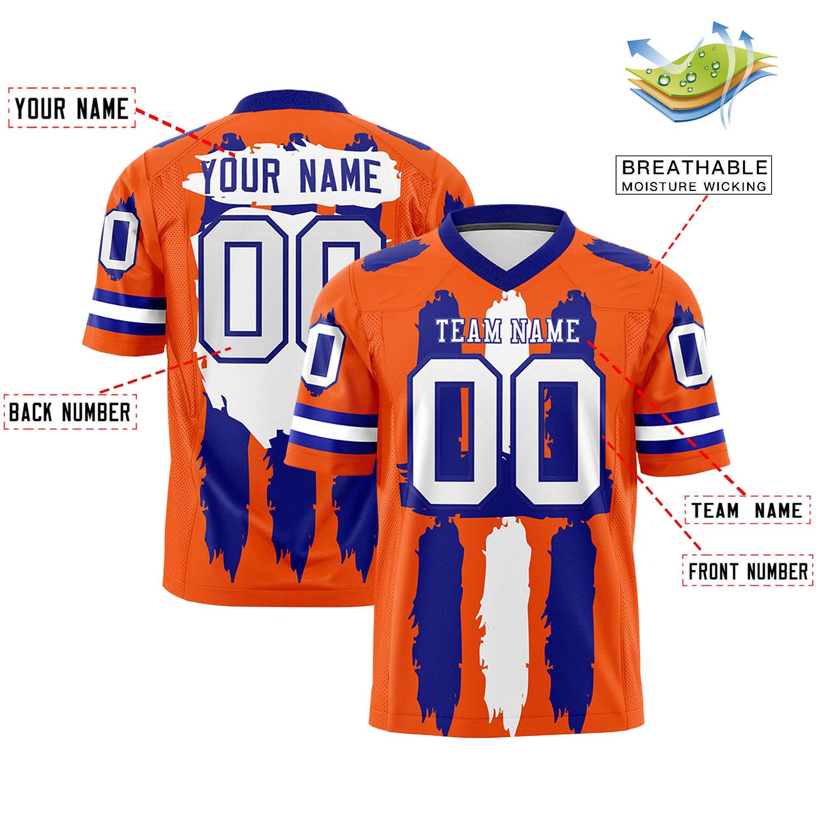 Custom Flag Football Jersey | Orange Royal and White Graffiti Pattern Practice 7on7 Uniforms | Add name, number & logo| KXKSHOP