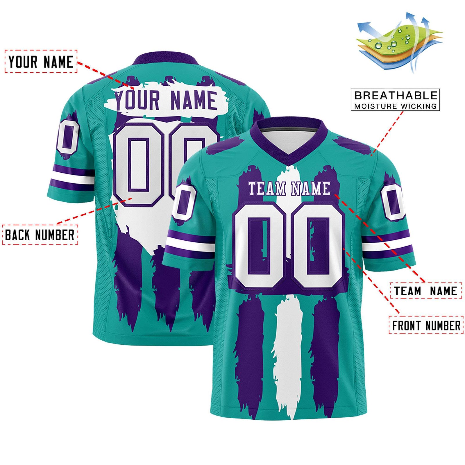 Custom Flag Football Jersey | Aqua Purple and White Graffiti Pattern Practice 7on7 Uniforms | Add name, number & logo| KXKSHOP